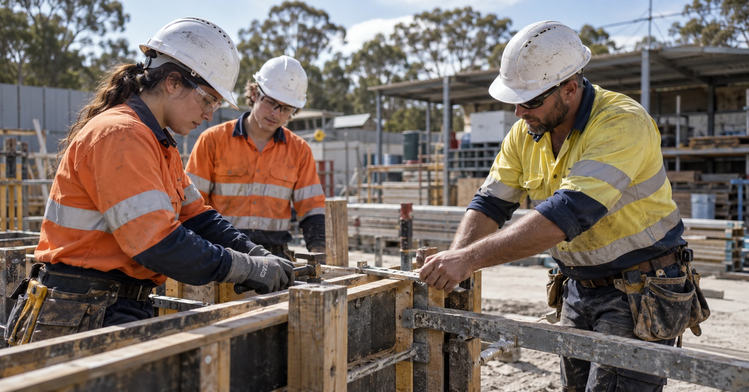 Two Australian apprentices and a trainer practising formwork assembly in a construction training yard