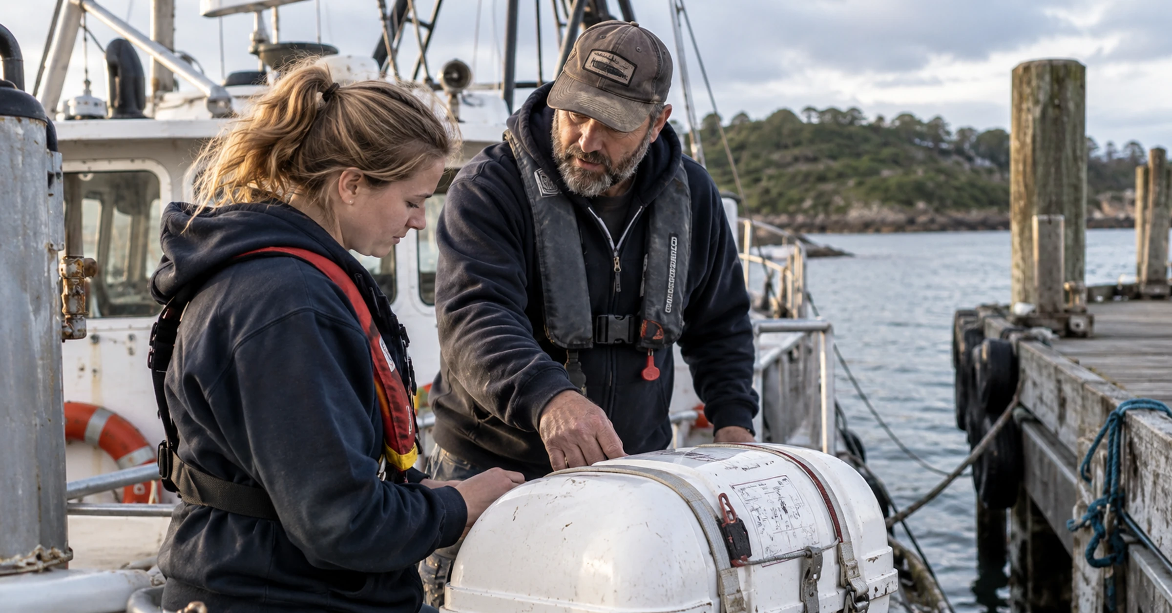 Australian vessel skipper and deckhand checking a life raft container at a small commercial jetty