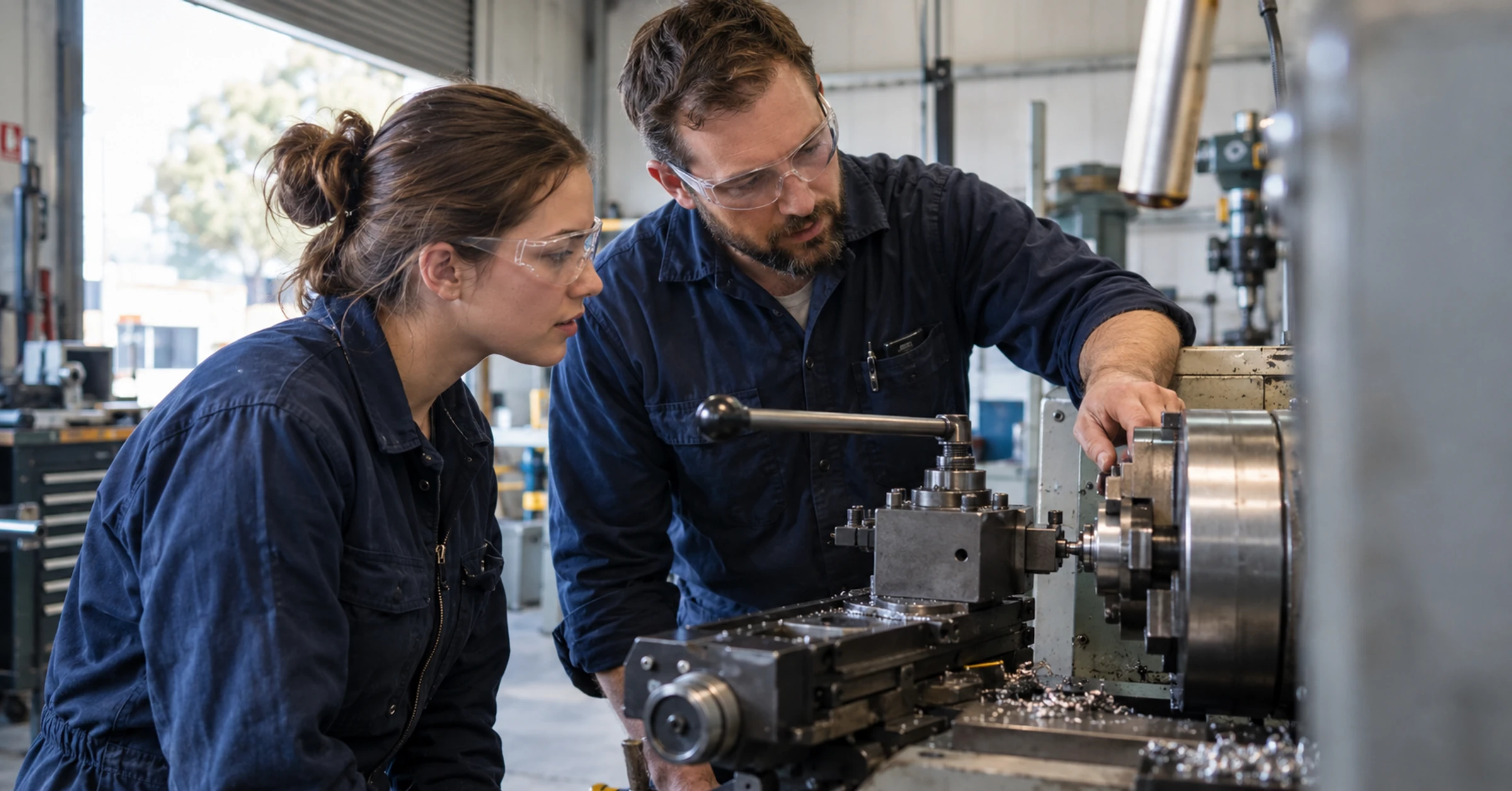 Australian apprentice inspecting a lathe with a supervising engineer in a practical training workshop