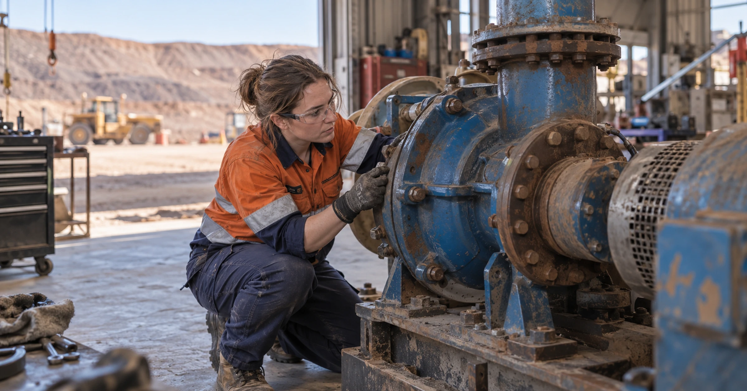 Australian mechanical engineer inspecting a mining pump assembly in a dusty regional workshop