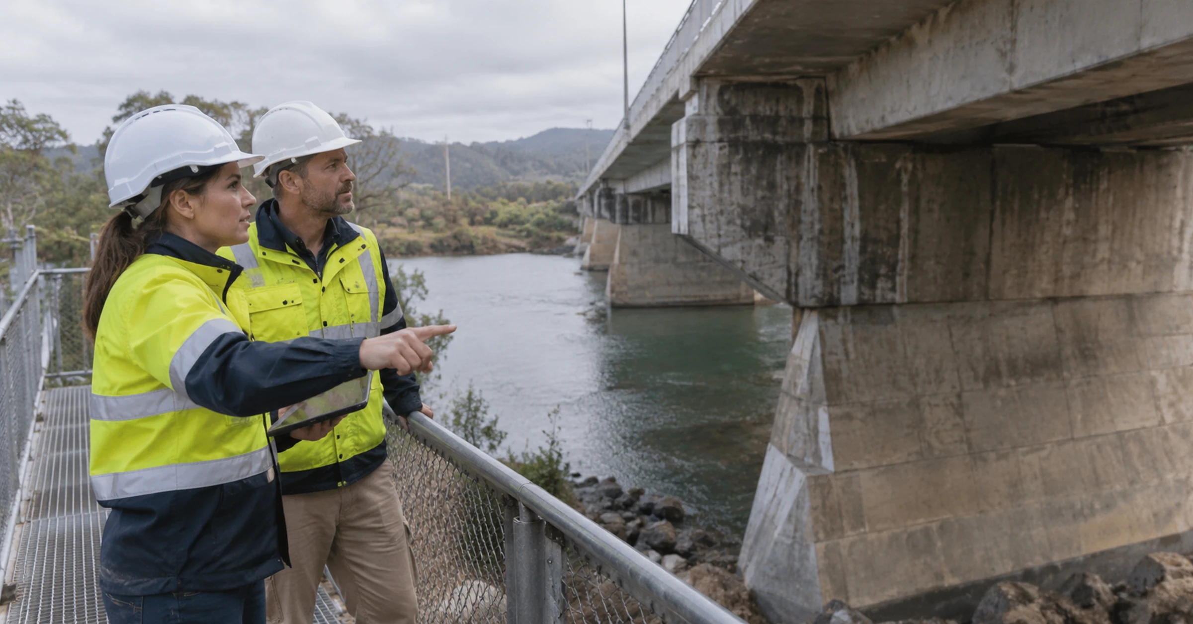 Two Australian civil engineers inspecting a bridge abutment from a safe fenced access path, concrete textures and river visible