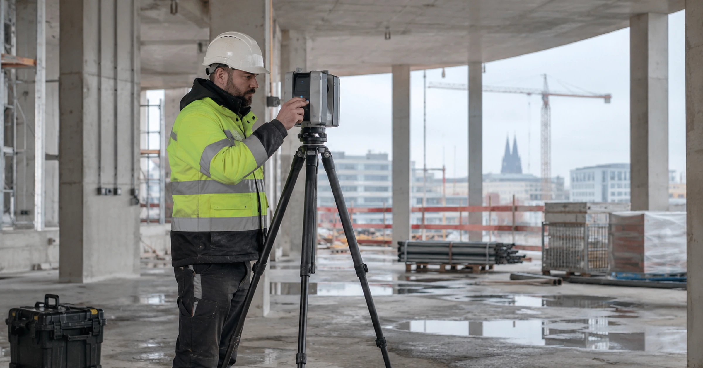 German construction surveyor using a tripod scanner in an unfinished concrete hall