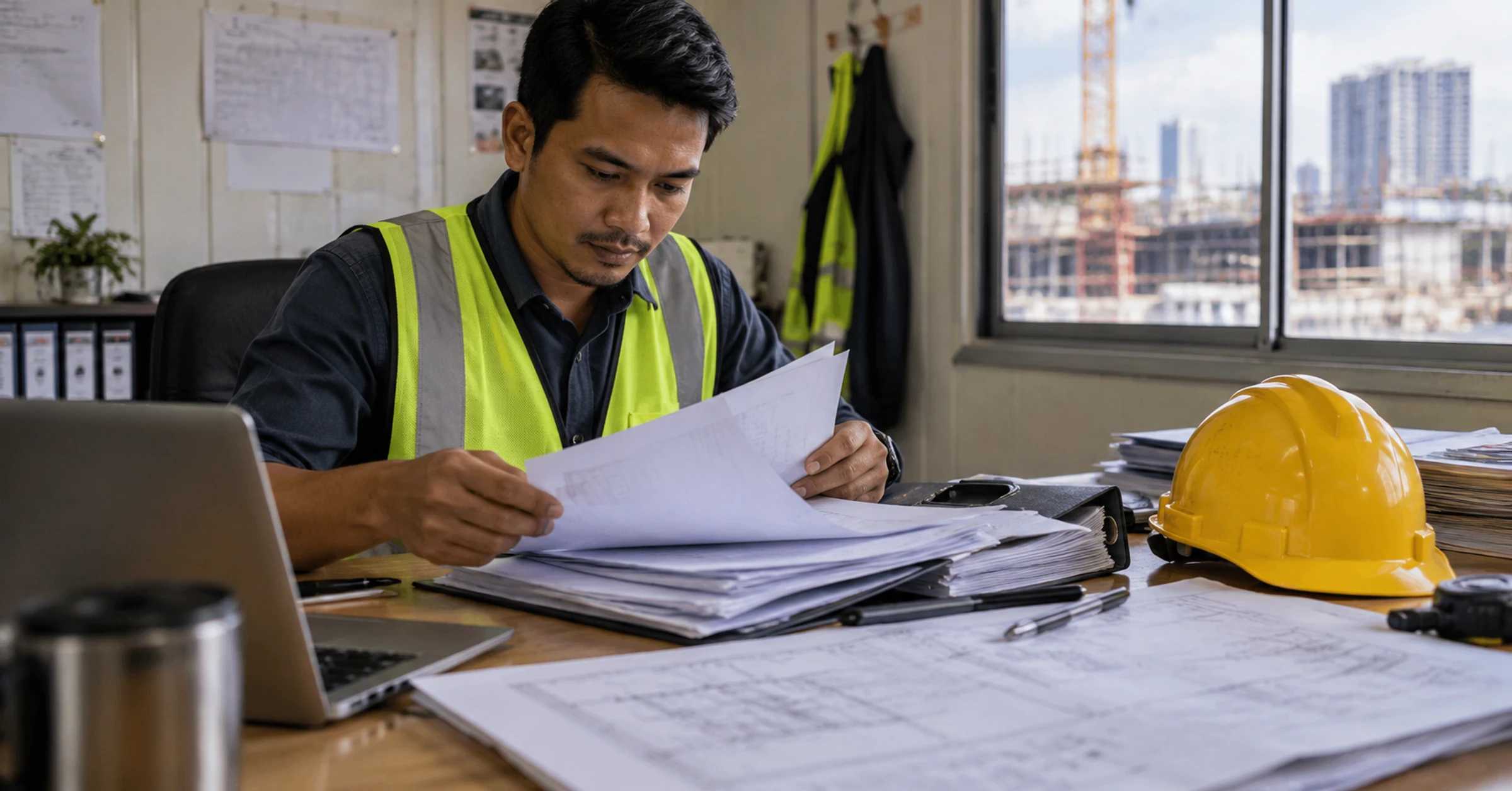 Malaysian contractor preparing a supplier registration folder at a modest site office desk, safety helmet beside stamped drawings, papers not readable