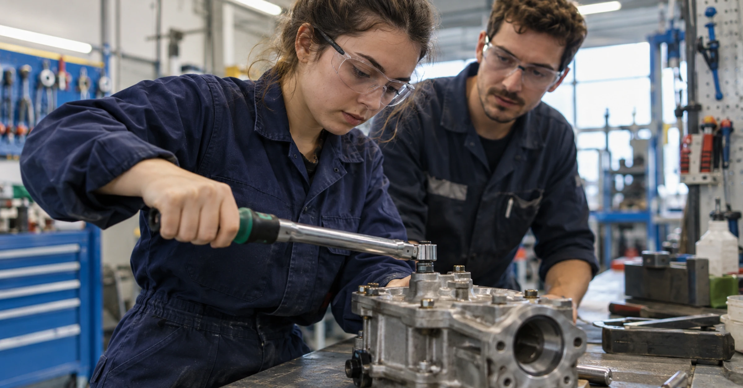 French engineering apprentice learning to use a torque wrench at a mechanical assembly bench