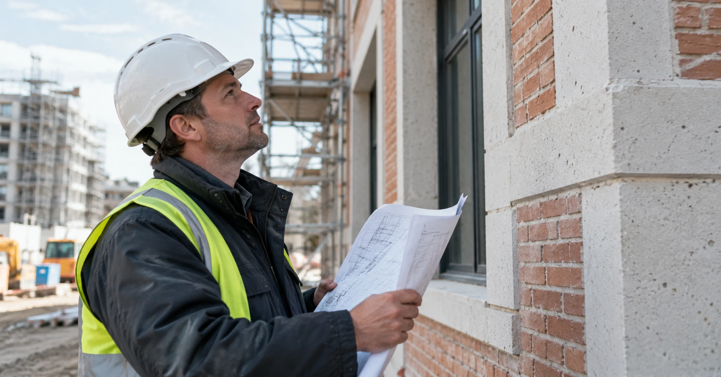French construction project manager examining a completed facade detail against a paper drawing, brick and concrete textures