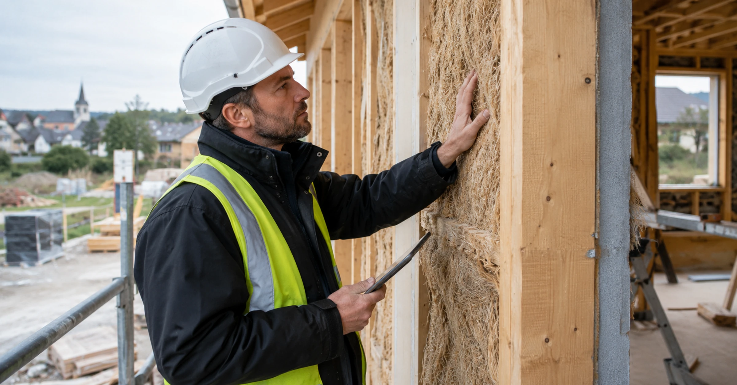 French building surveyor inspecting timber insulation layers at a residential construction site