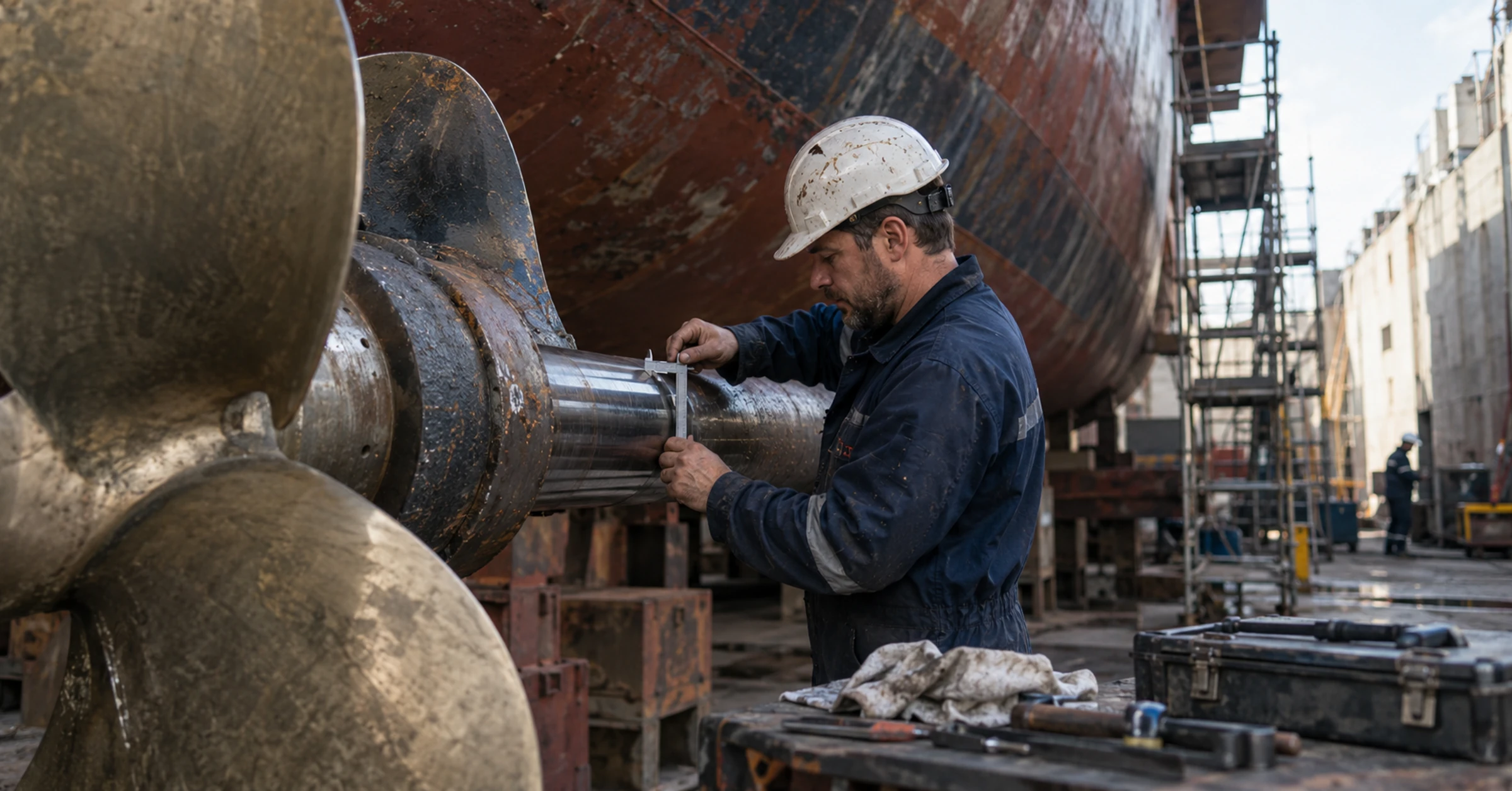 French shipyard worker measuring a propeller shaft beside a vessel in dry dock, weathered steel and workshop tools
