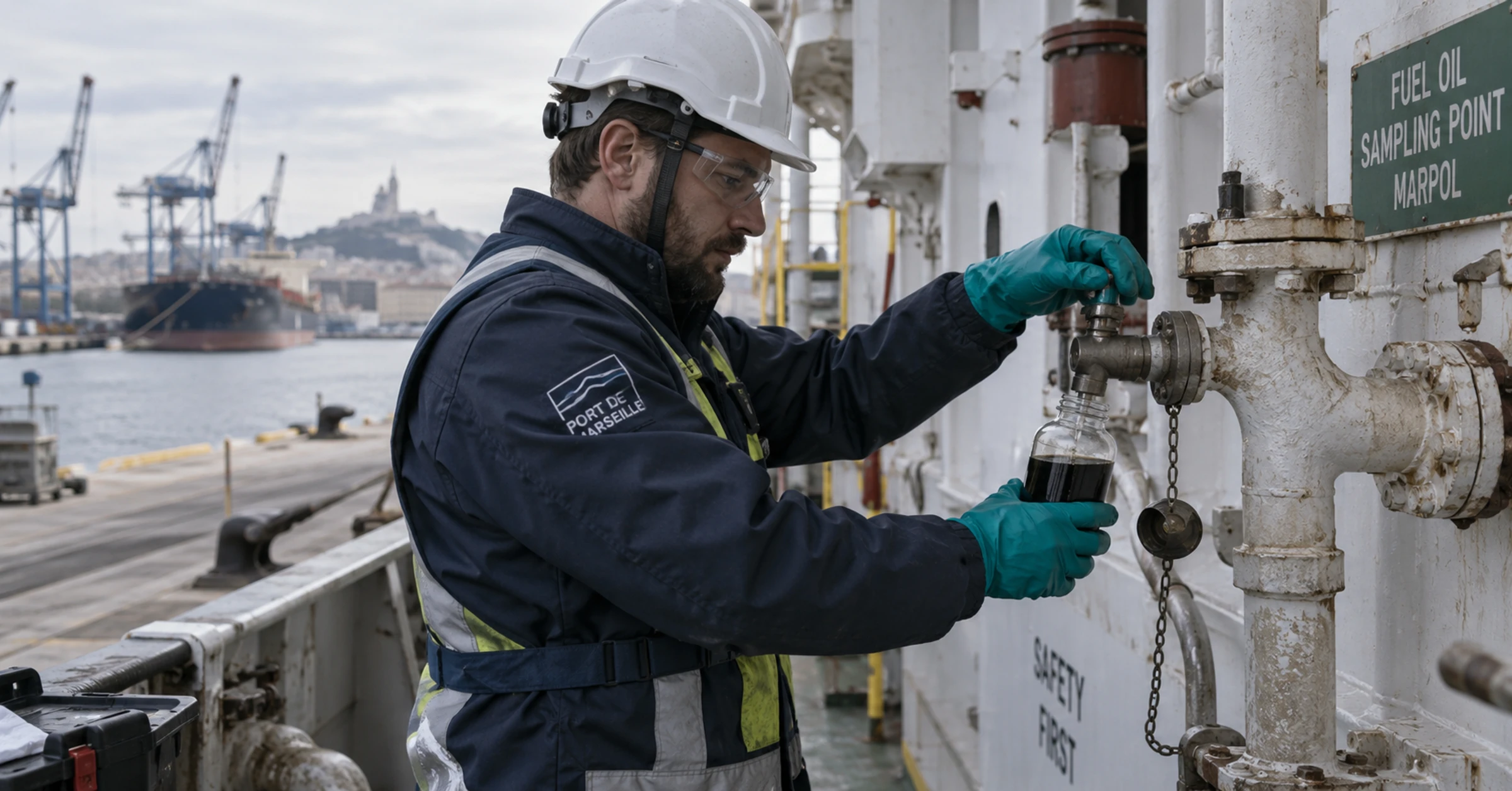 French port operator taking a fuel sample at a designated sampling point aboard a docked vessel, proper PPE