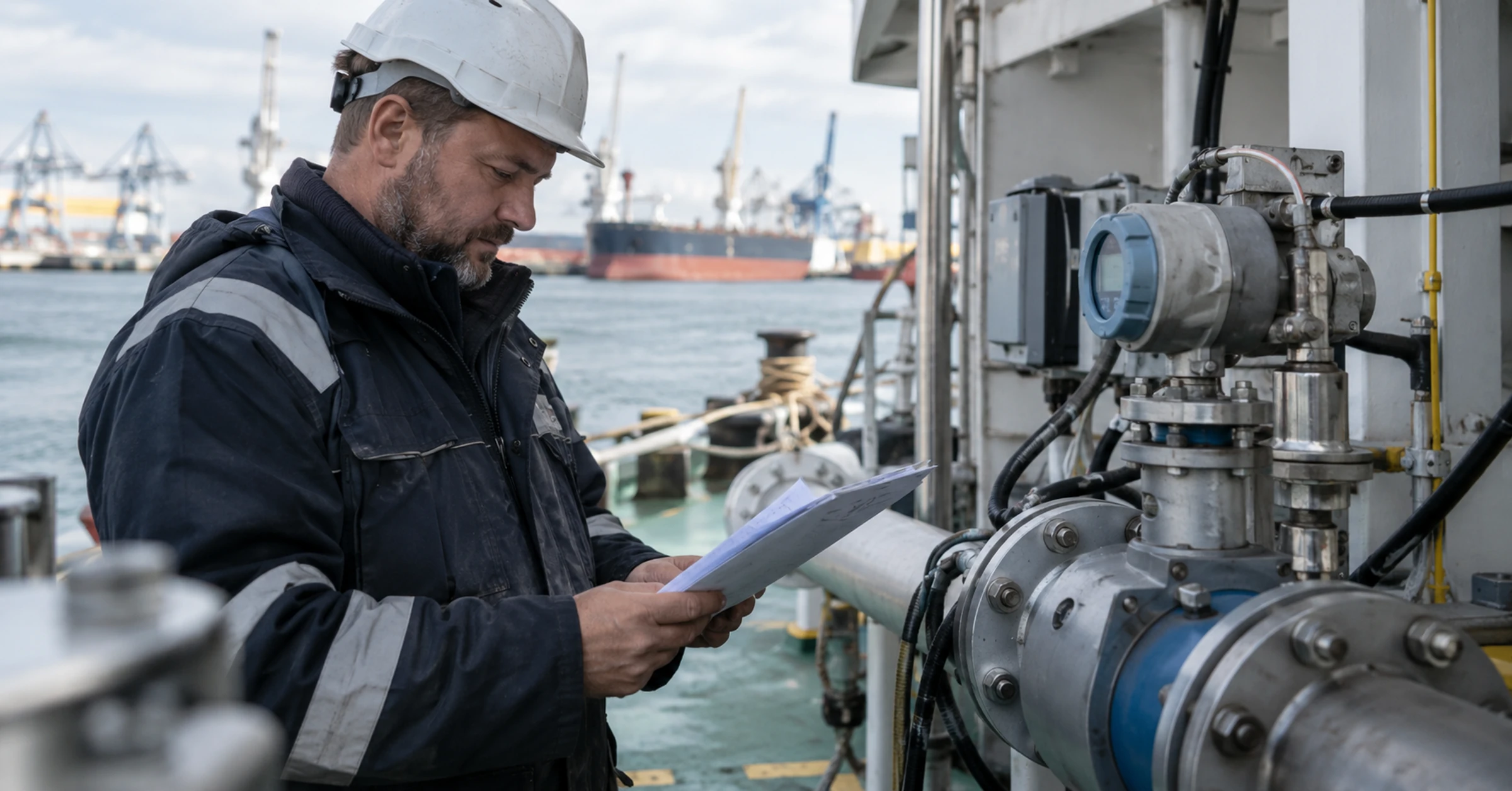 German harbour engineer reviewing fuel records beside a vessel's flow meter installation