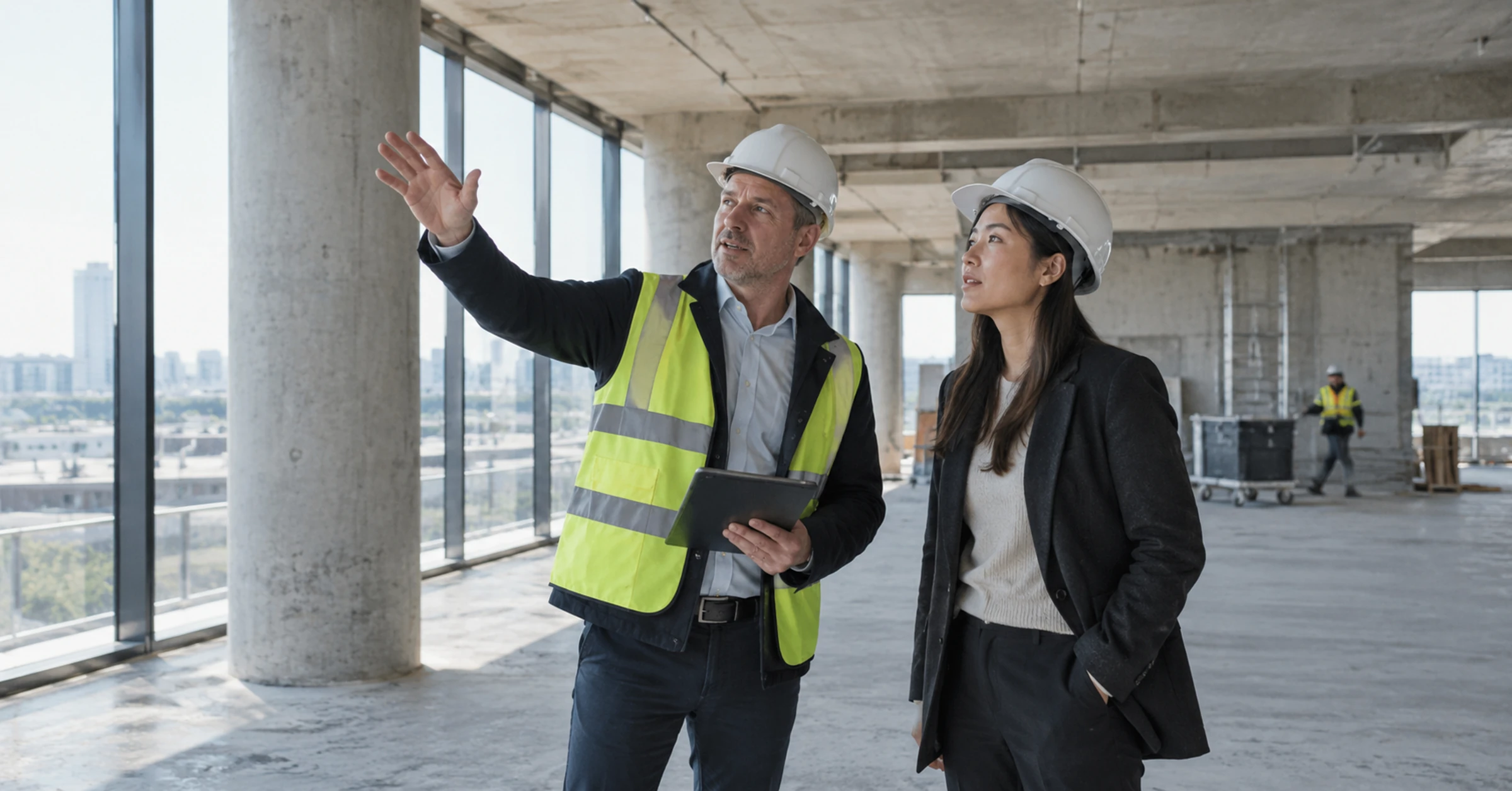 German contractor showing an international buyer a completed concrete building interior with natural daylight