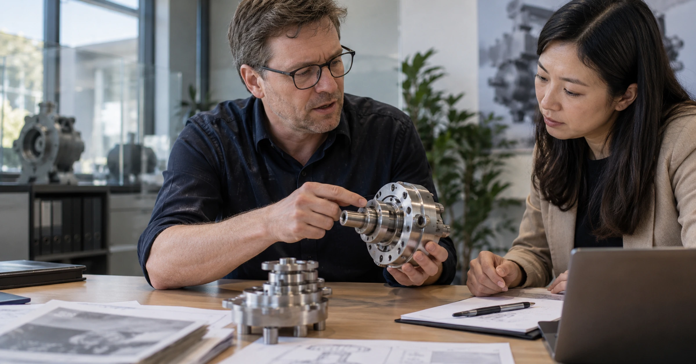 Engineer in a German machine-building office explaining a machined assembly to an international buyer, bilingual paperwork out of focus