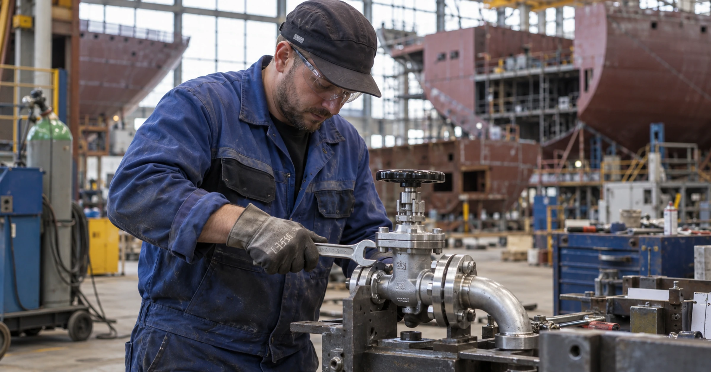 German shipbuilding fitter installing a small valve assembly on a workshop jig, hull sections in the distance