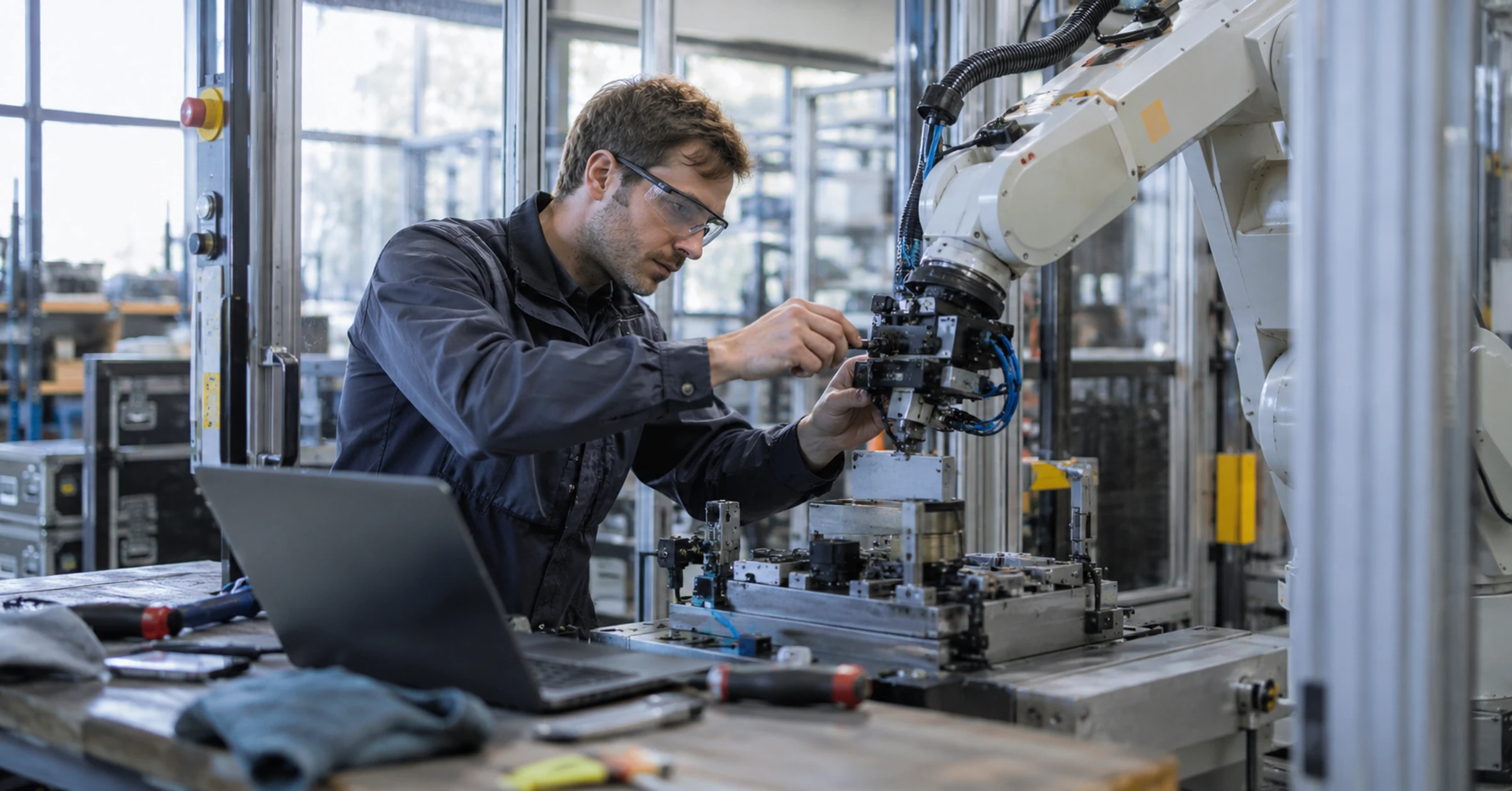 German automation technician calibrating a guarded robotic workstation in a used industrial laboratory