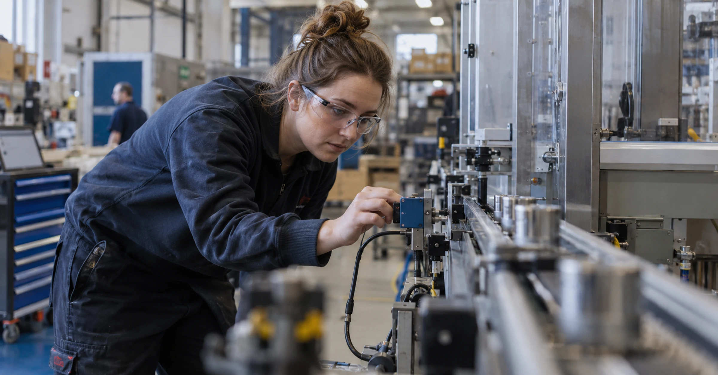 British manufacturing technician checking sensors along a working production conveyor, human-scale factory interior