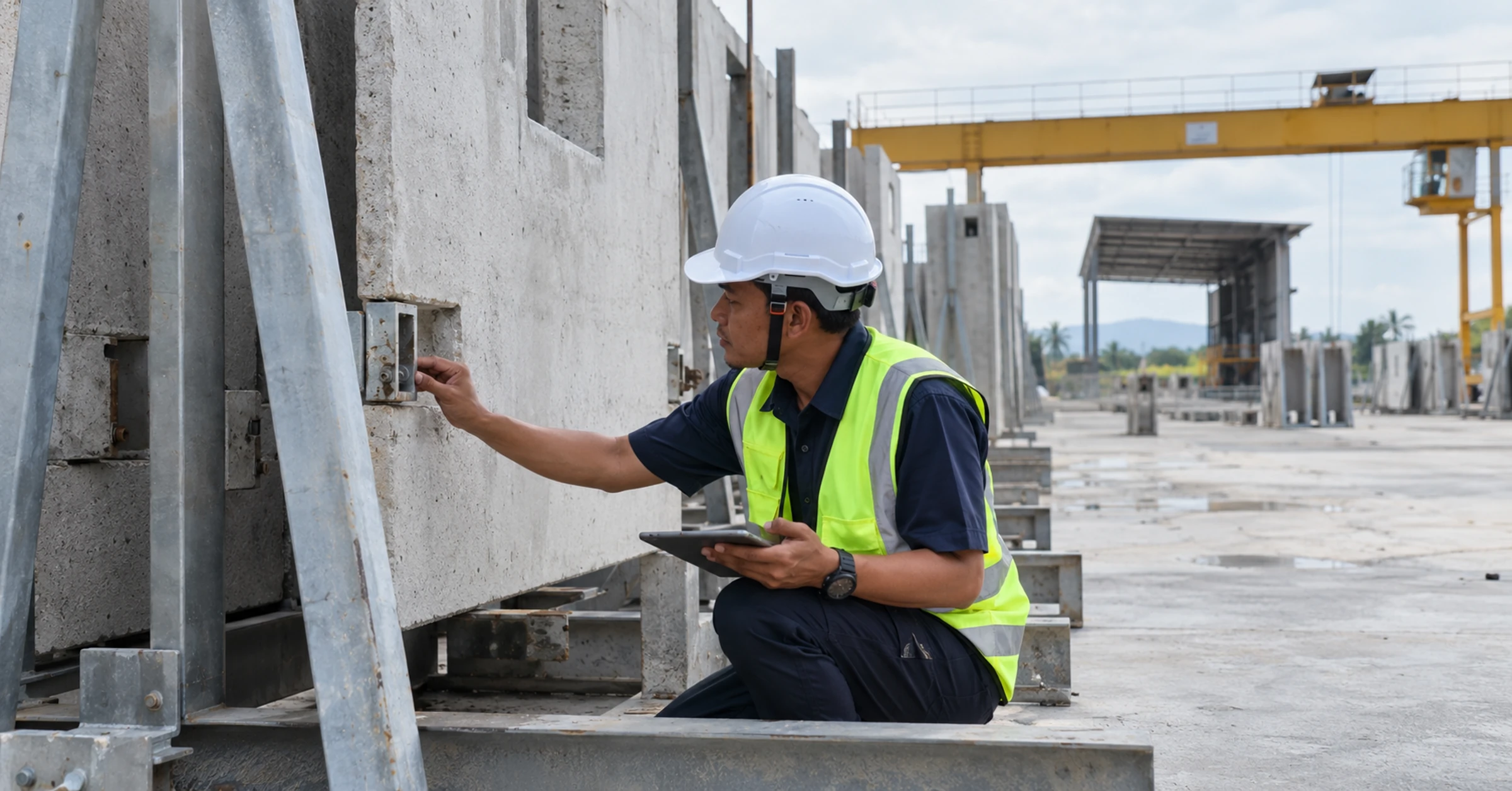 Malaysian precast yard with finished concrete wall panels on safe racks and one inspector checking a connector detail