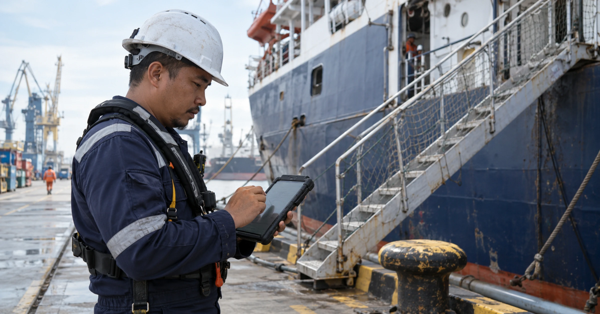 Malaysian dock supervisor recording a vessel maintenance task on a rugged tablet beside a gangway