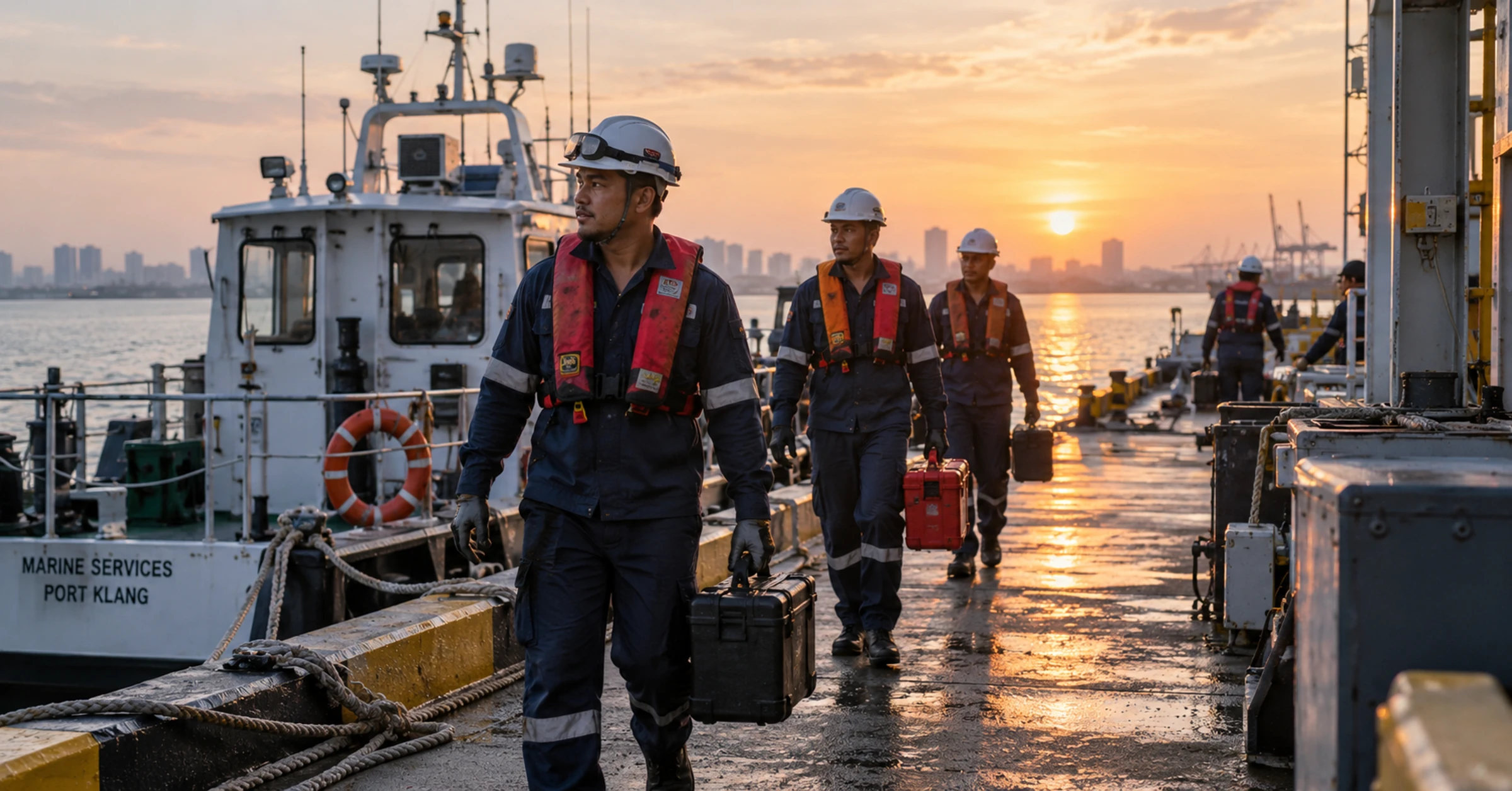 Malaysian marine maintenance team carrying toolboxes along a working quay beside a small service vessel at sunrise