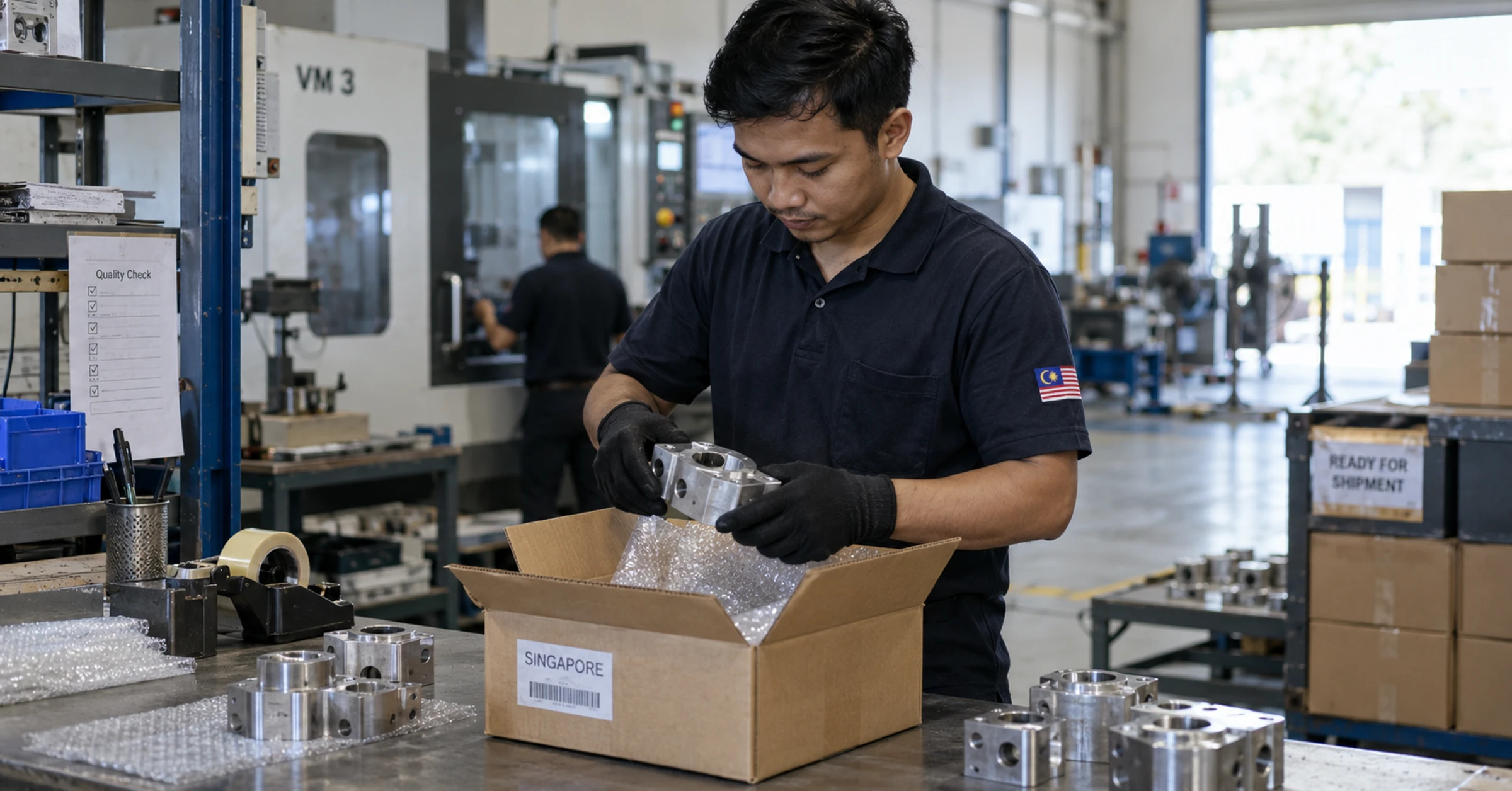 Malaysian precision engineering supplier packing sample components for shipment at a factory dispatch bench