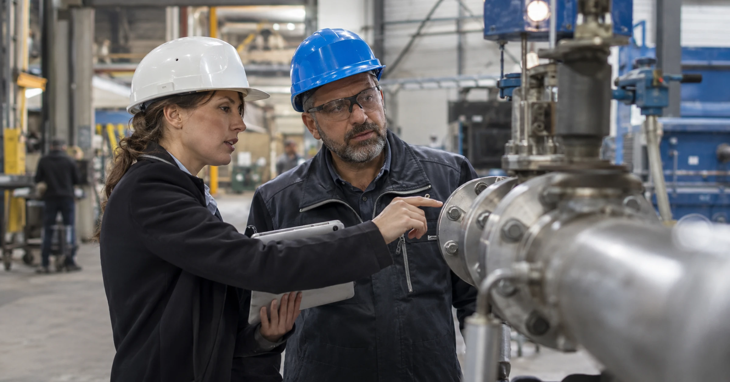 French consulting engineer discussing an industrial pipe assembly with a factory operations manager on the workshop floor