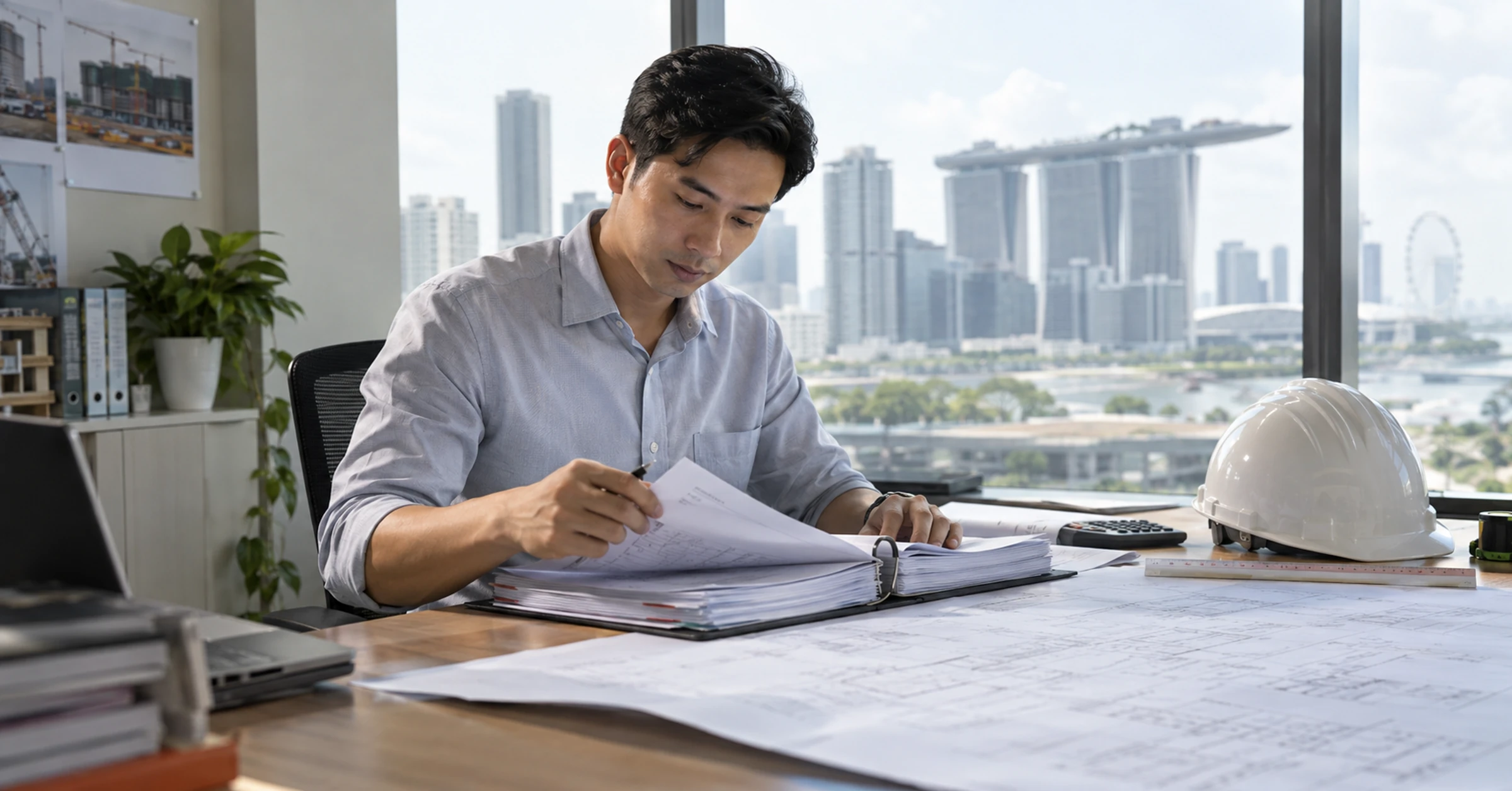 Singapore quantity surveyor reviewing a tender binder and construction drawing on a sunlit office table