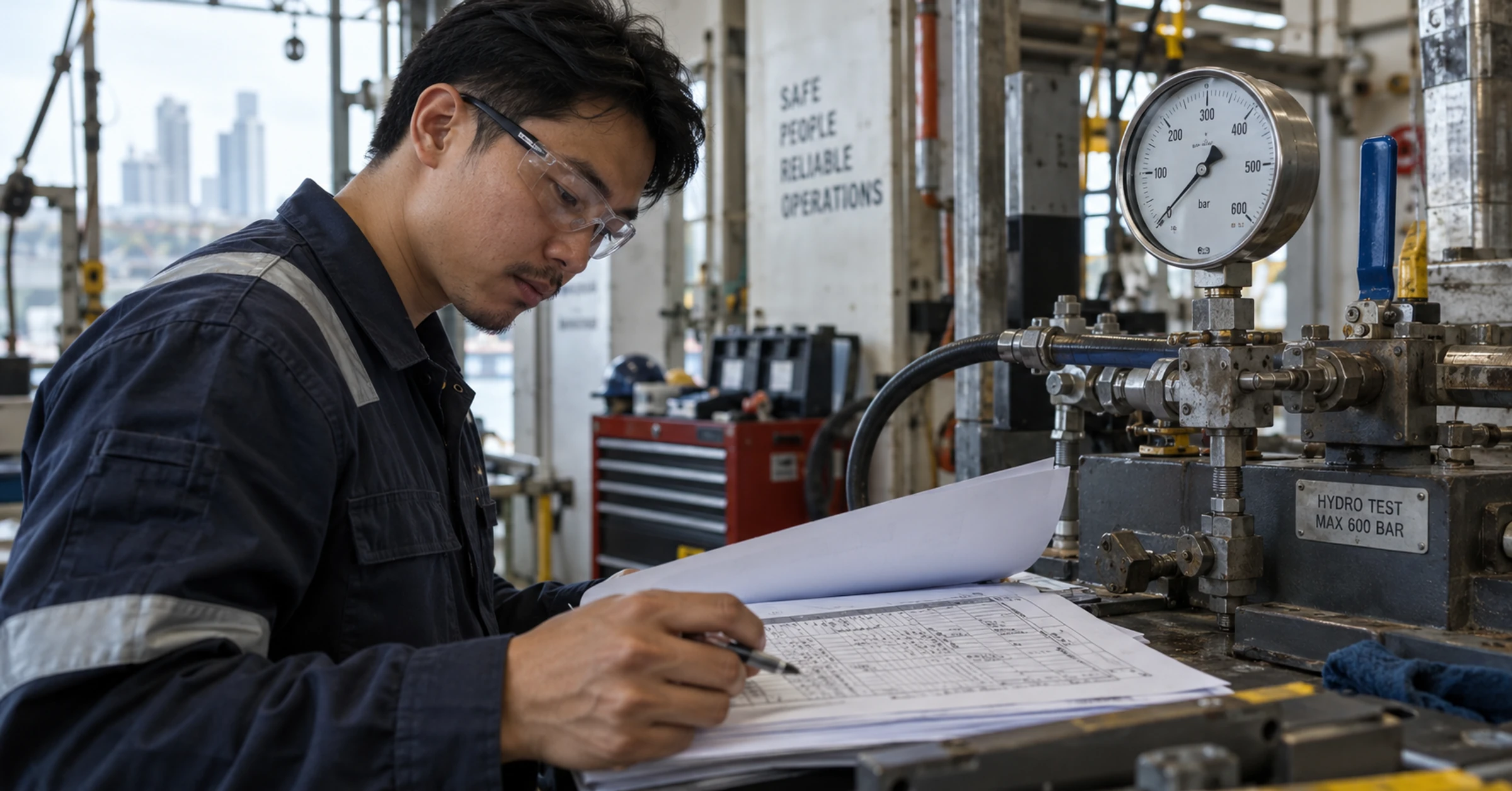 Singapore engineer examining recorded test sheets next to a pressure-testing rig