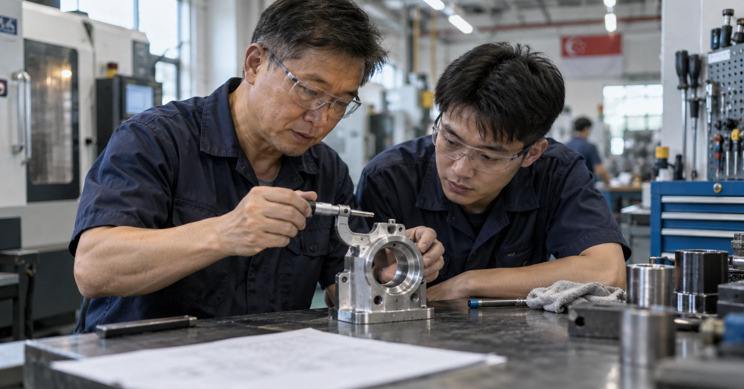 Senior engineer mentoring a younger technician at a Singapore precision workshop bench with a measuring tool and machined housing