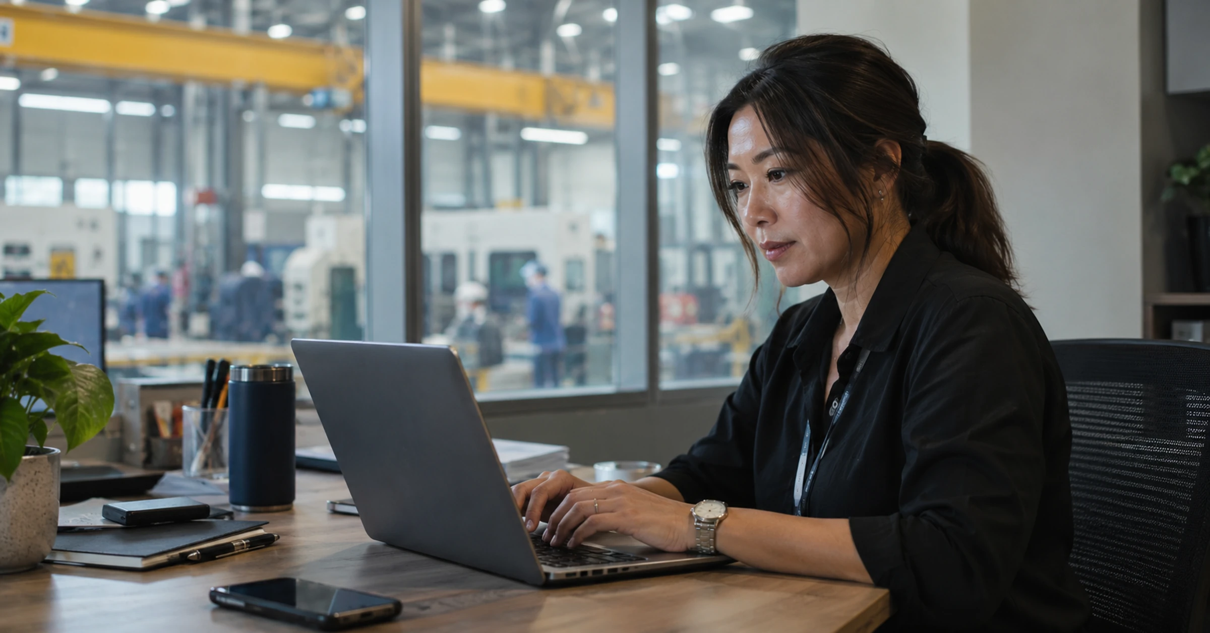 Singapore procurement manager researching an engineering supplier on a laptop at an ordinary office desk, factory visible through glass