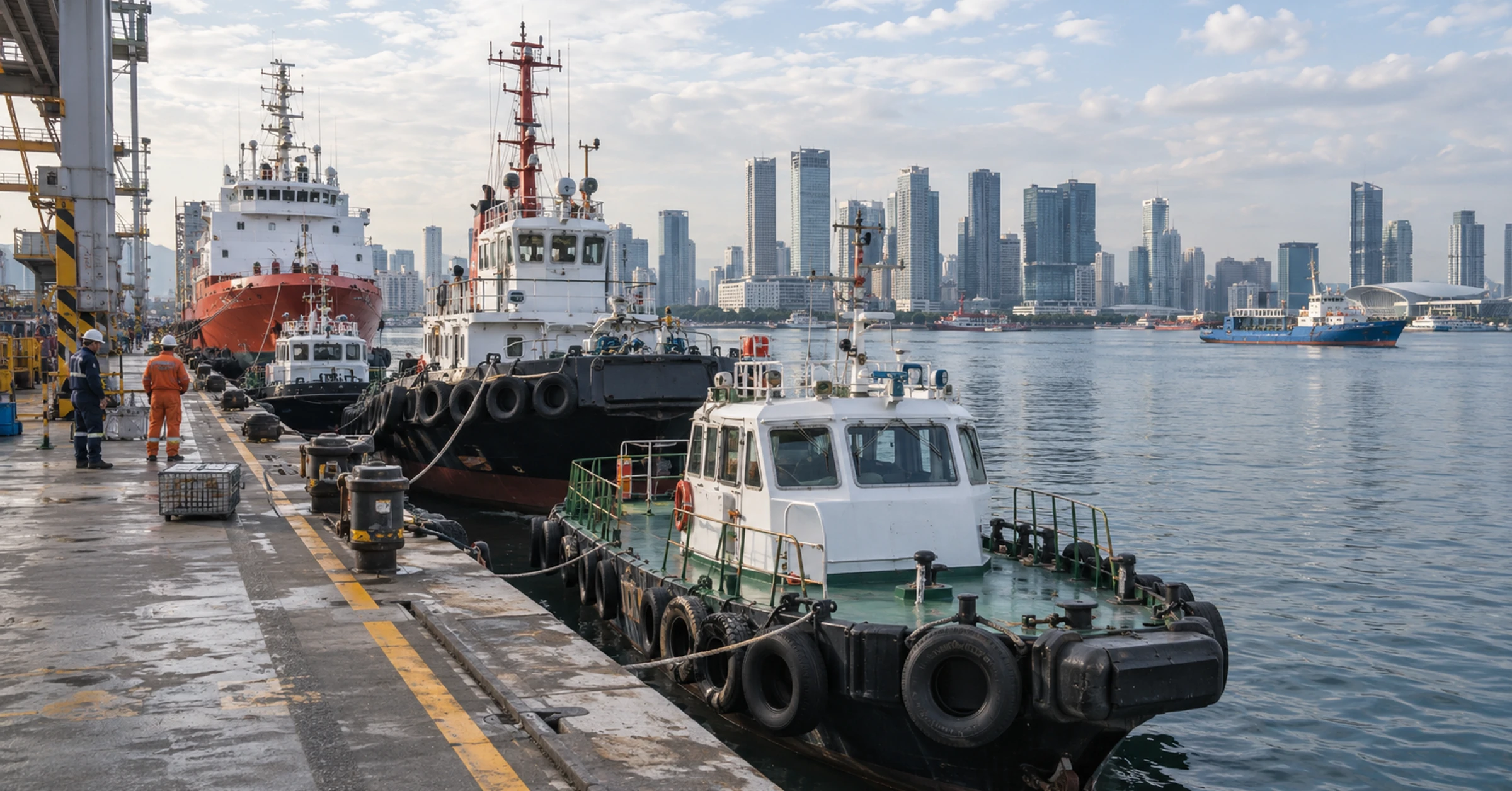 Several different-sized harbour service vessels moored alongside a Singapore quay, wide waterfront view