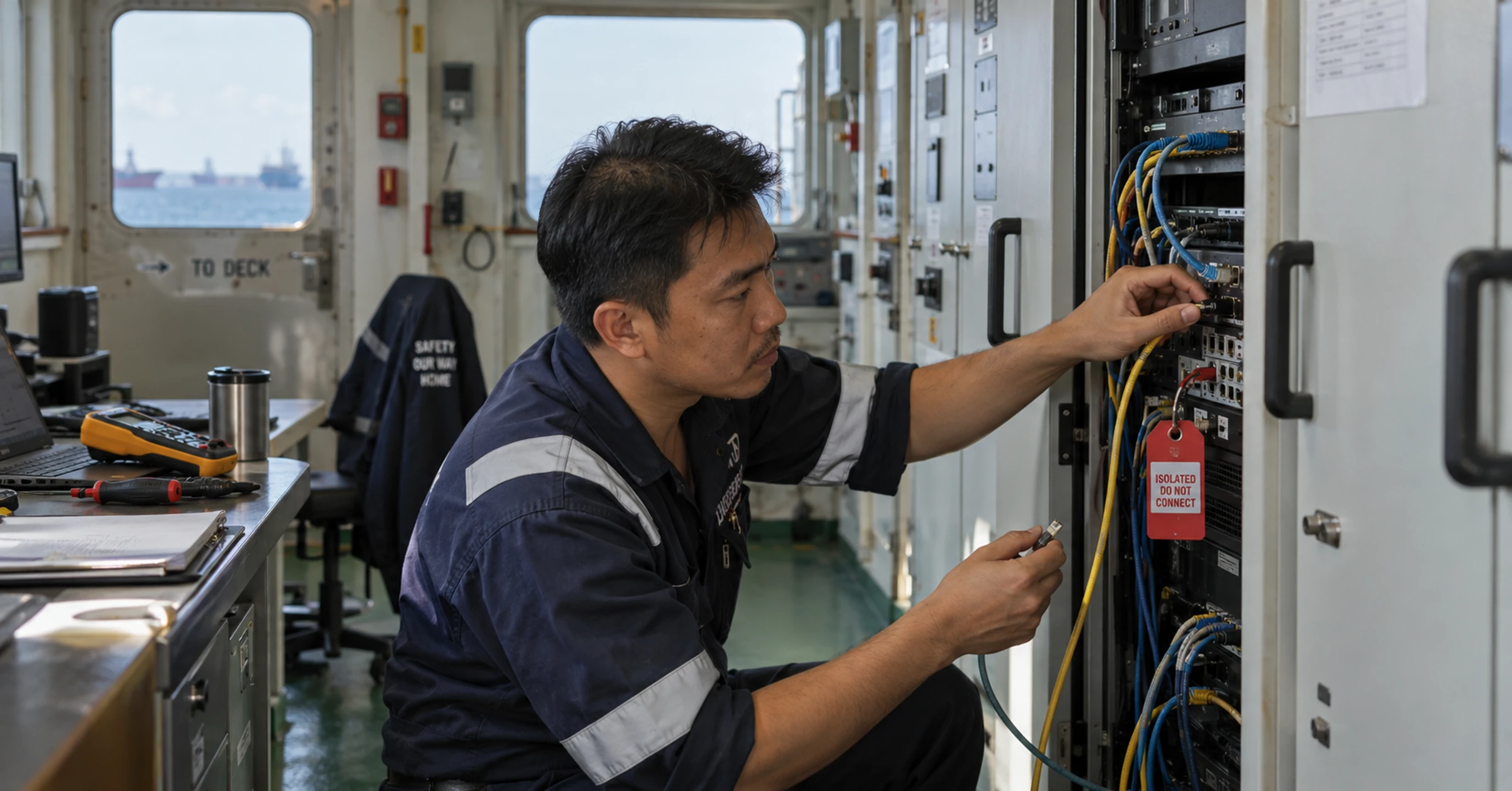 Singapore vessel electrician checking an isolated network connection in a tidy but used marine control room