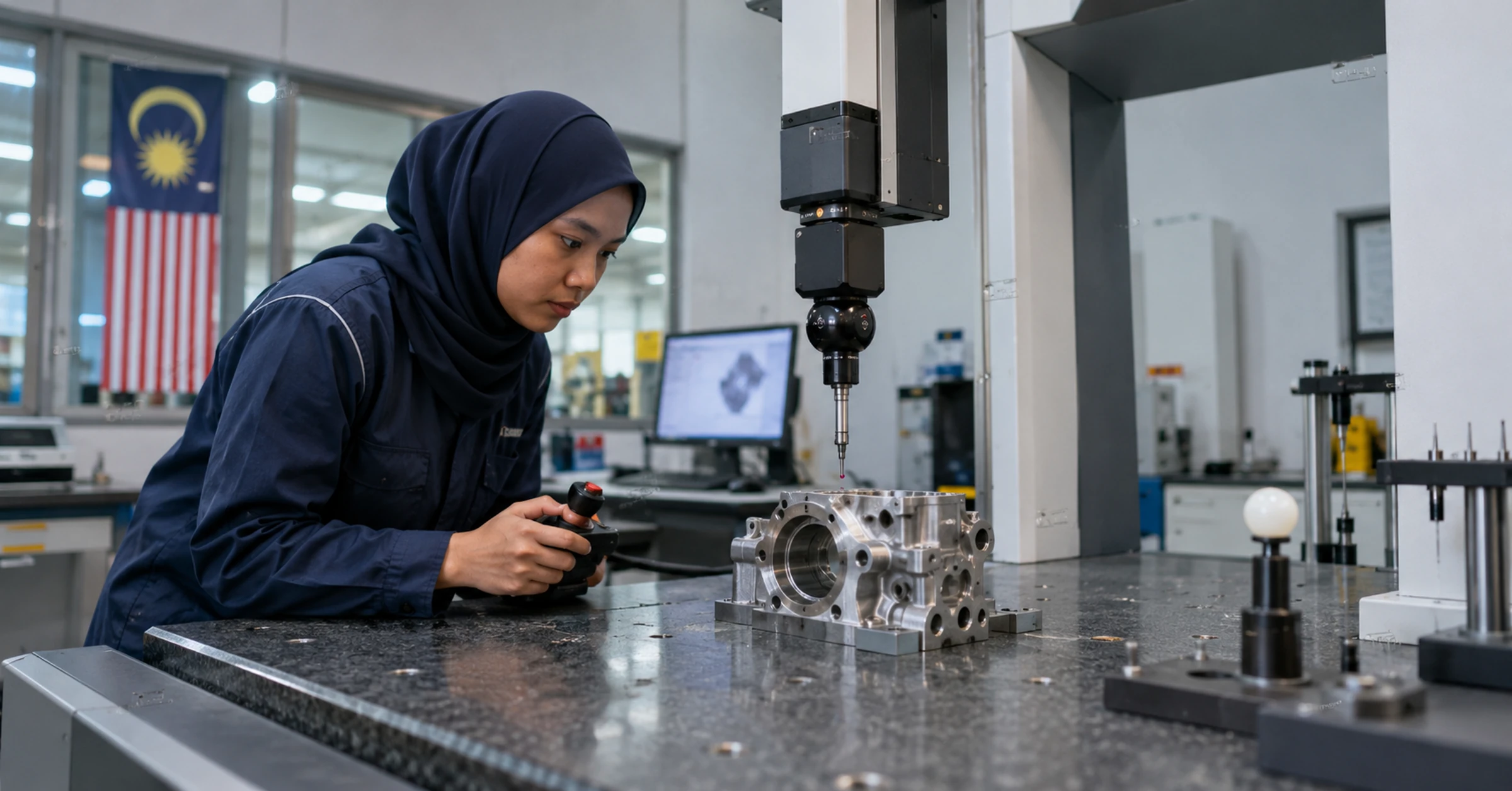 Quality technician in a Malaysian measurement laboratory checking a precision part with a coordinate measuring machine