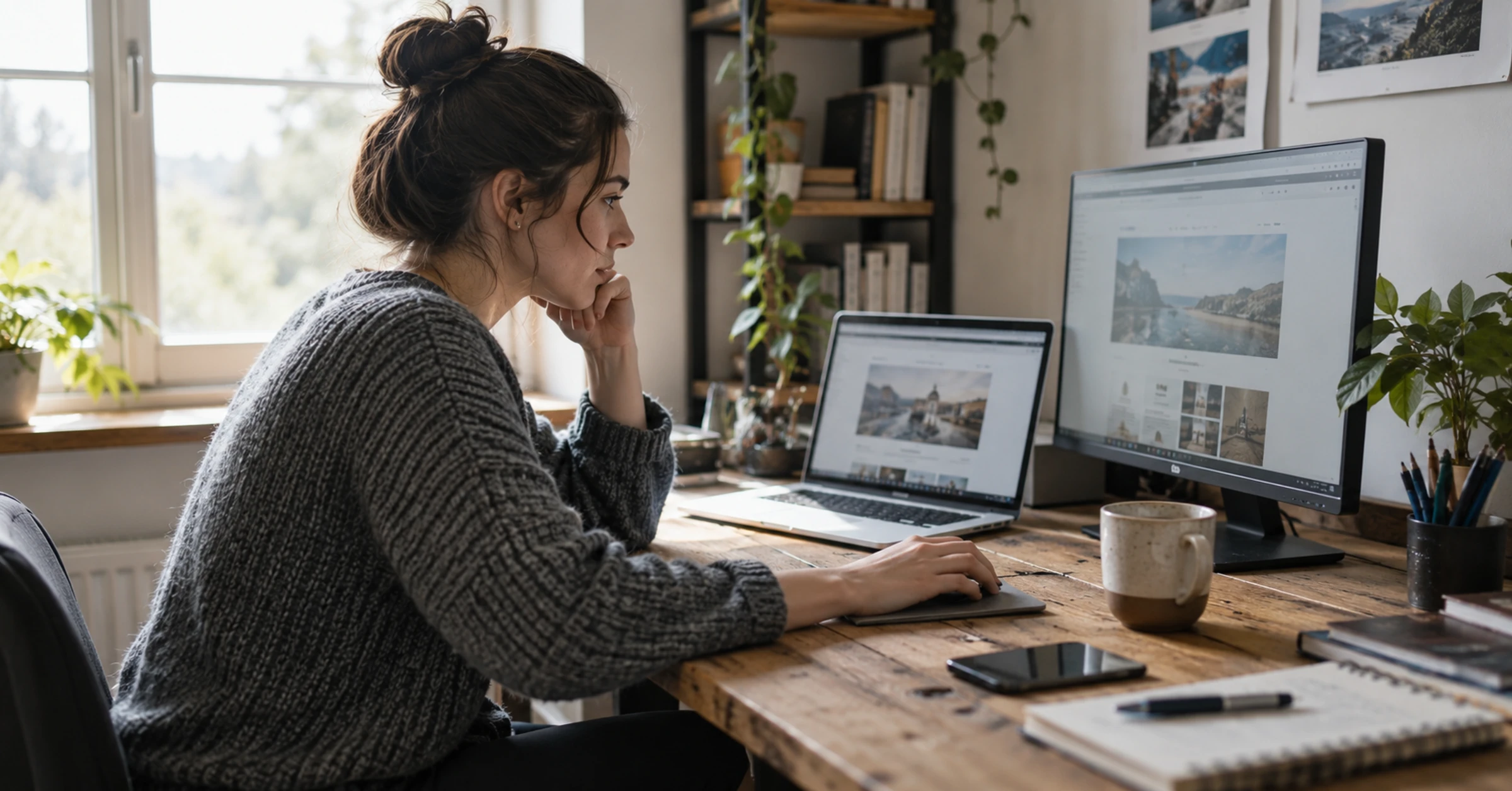 Web designer at a real oak desk comparing two different business websites on an open laptop and desktop monitor