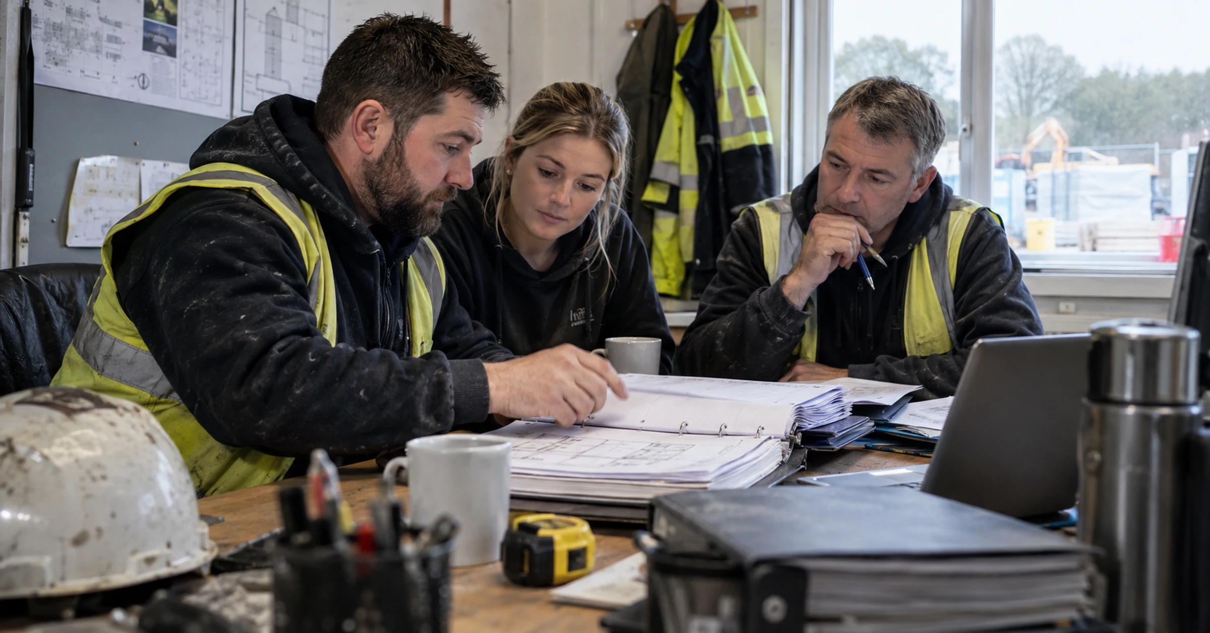 British small-contractor team reviewing project folders at a compact site office, practical everyday setting