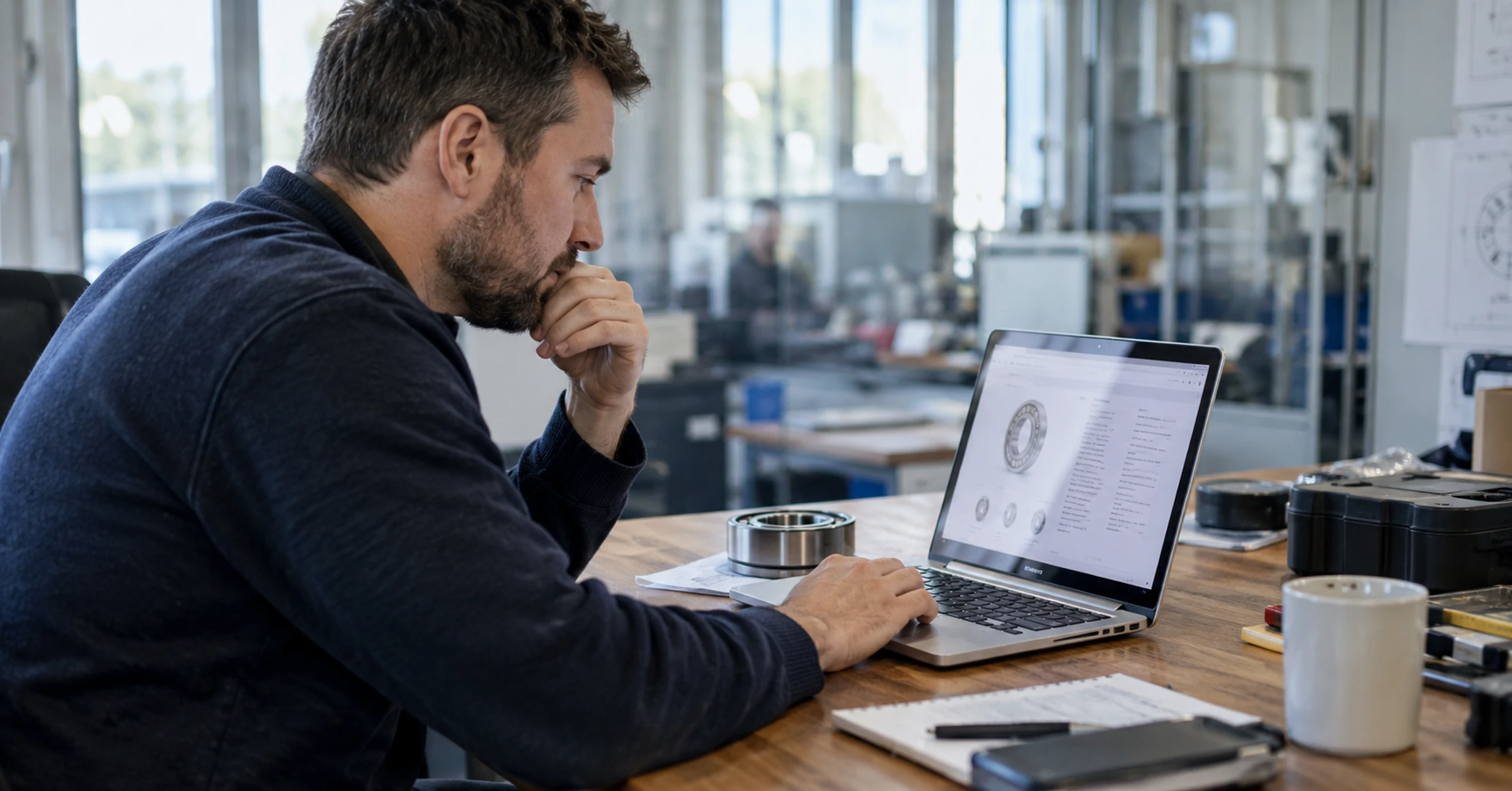 British engineering buyer looking up component specifications on a laptop beside a real sample bearing