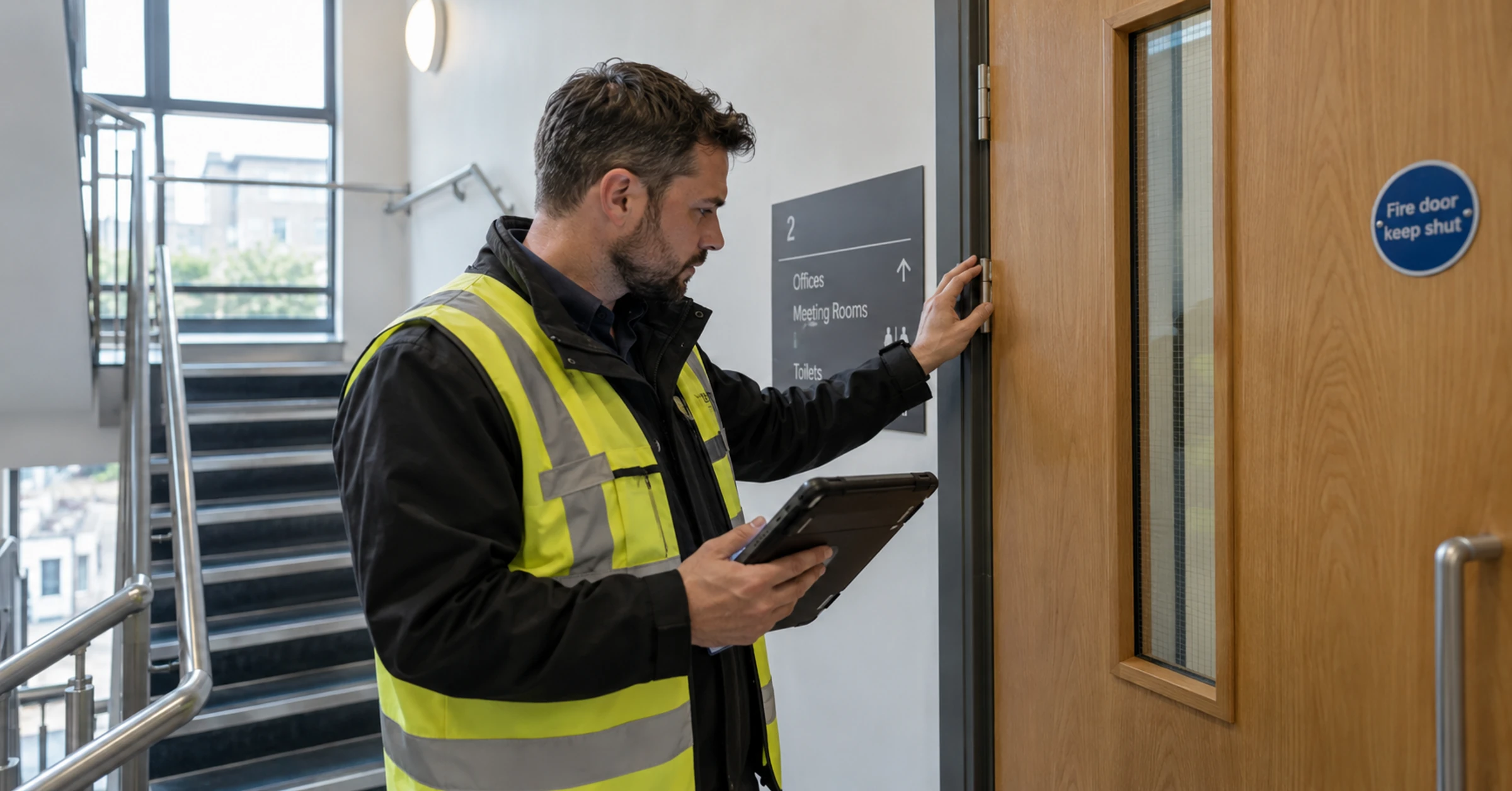 British building manager checking a fire door and asset record with a tablet in a finished commercial stairwell