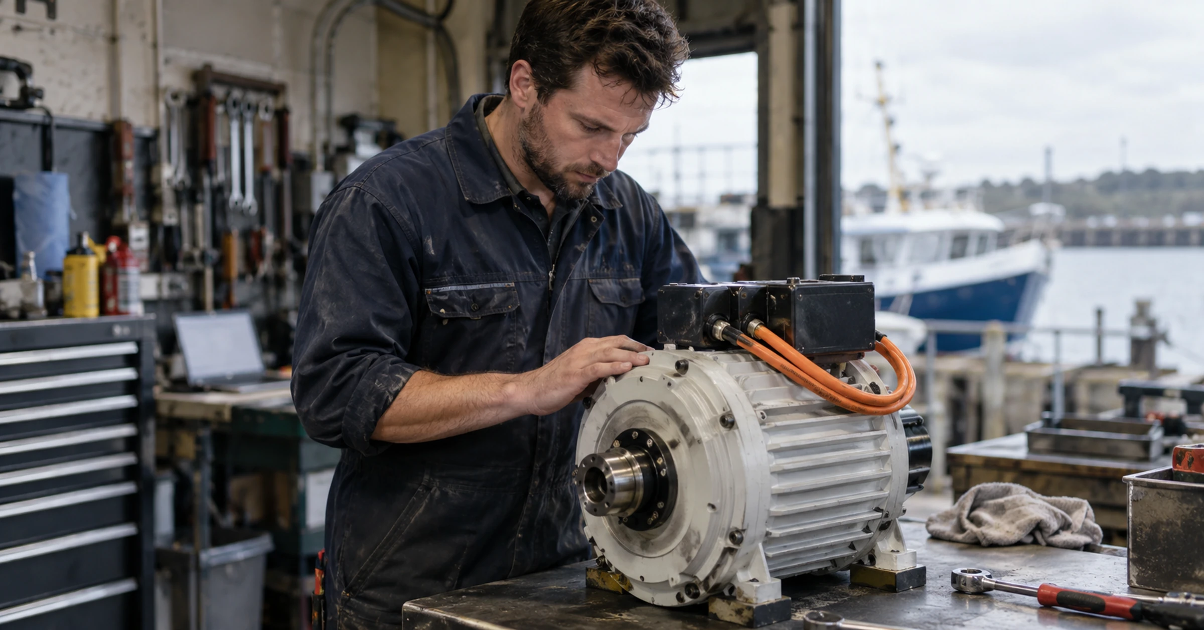 British marine engineer inspecting a compact electric propulsion motor on a workshop bench