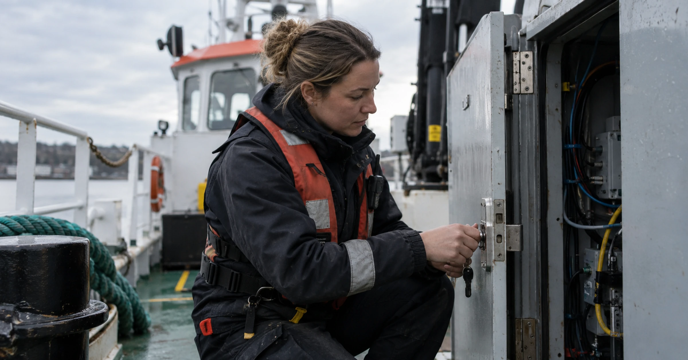 Marine systems technician inspecting a locked communications cabinet on a British workboat, cables visible