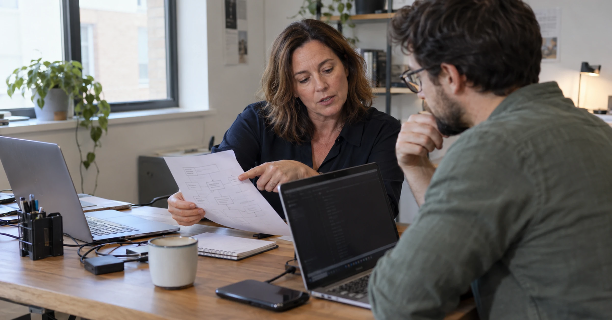 Operations manager describes a paper workflow to a developer at a desk