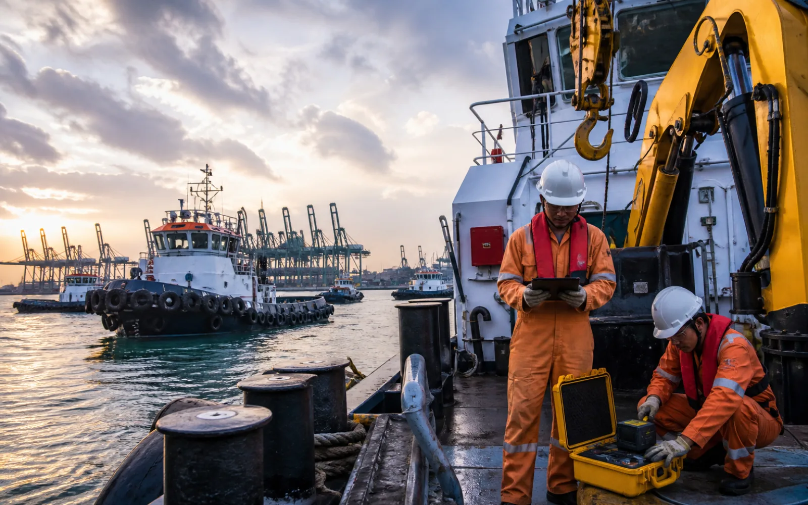 Bunker operations team using digital documentation beside a tanker in Singapore port waters