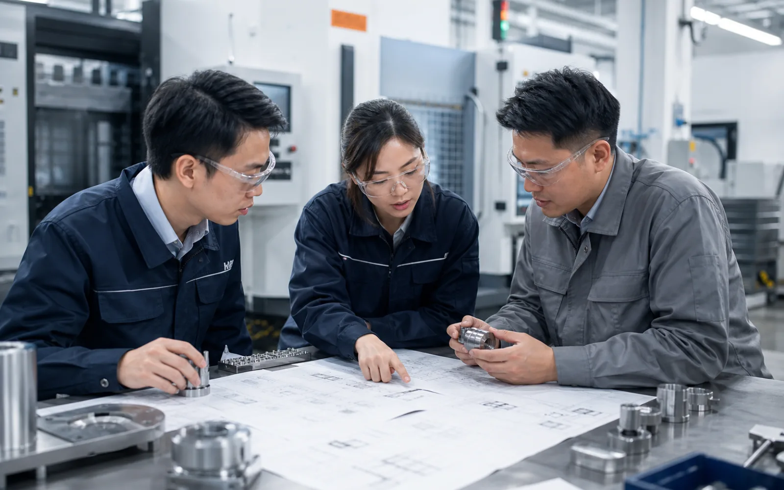 Singapore engineering team reviewing technical drawings and machined components in a workshop
