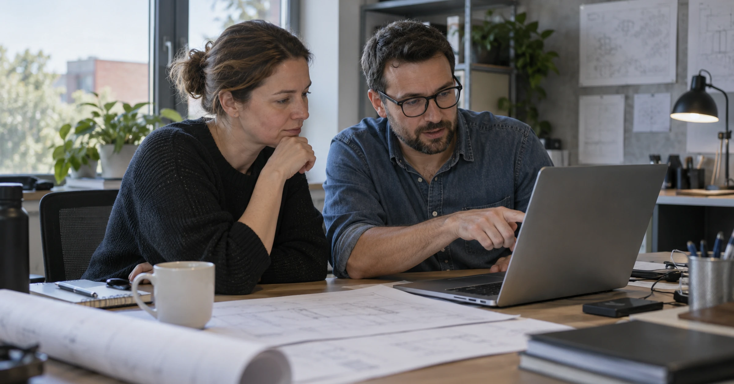 Engineering manager and developer review a laptop beside printed technical drawings