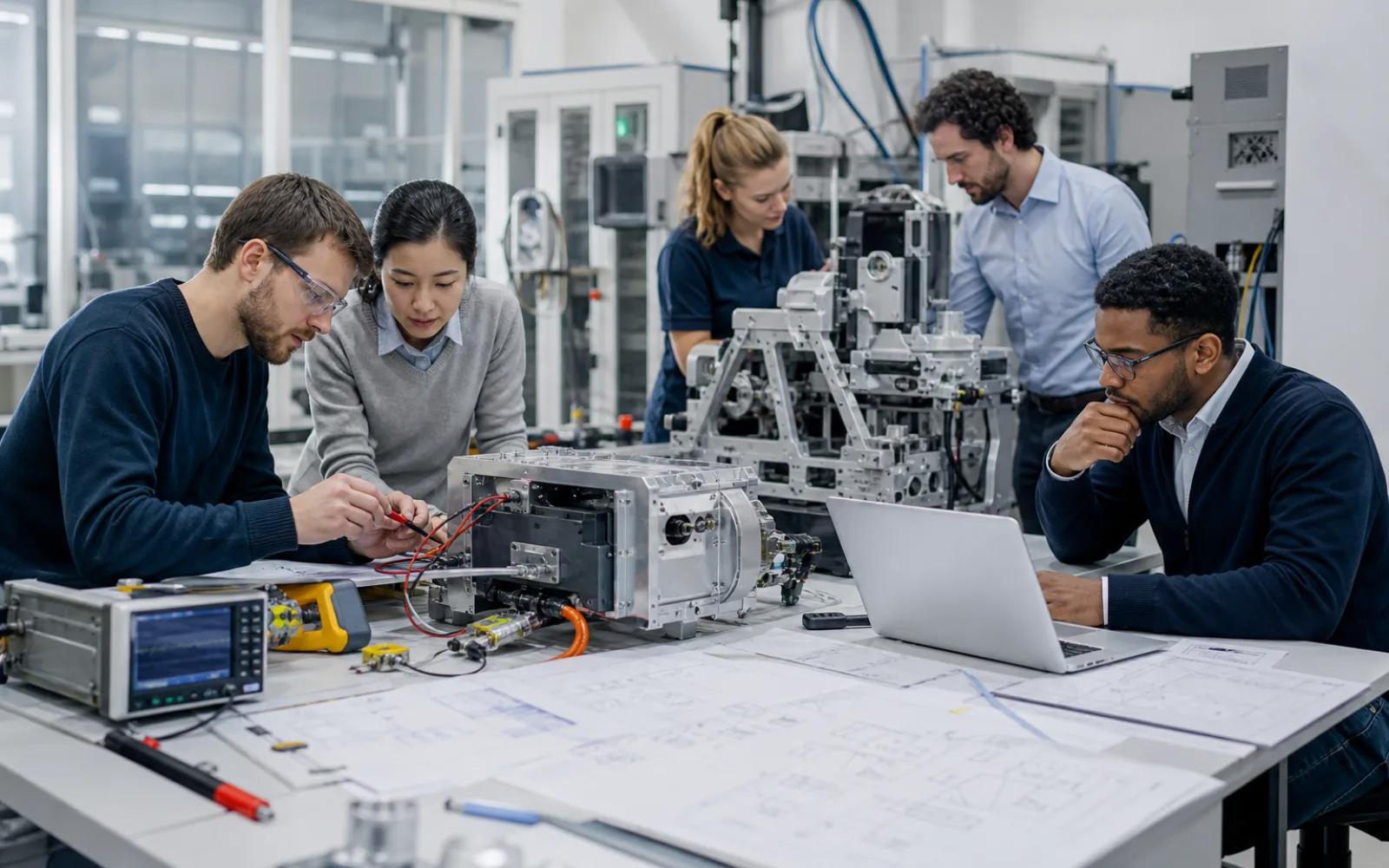 French engineering team evaluating an industrial innovation prototype and scale-up plan