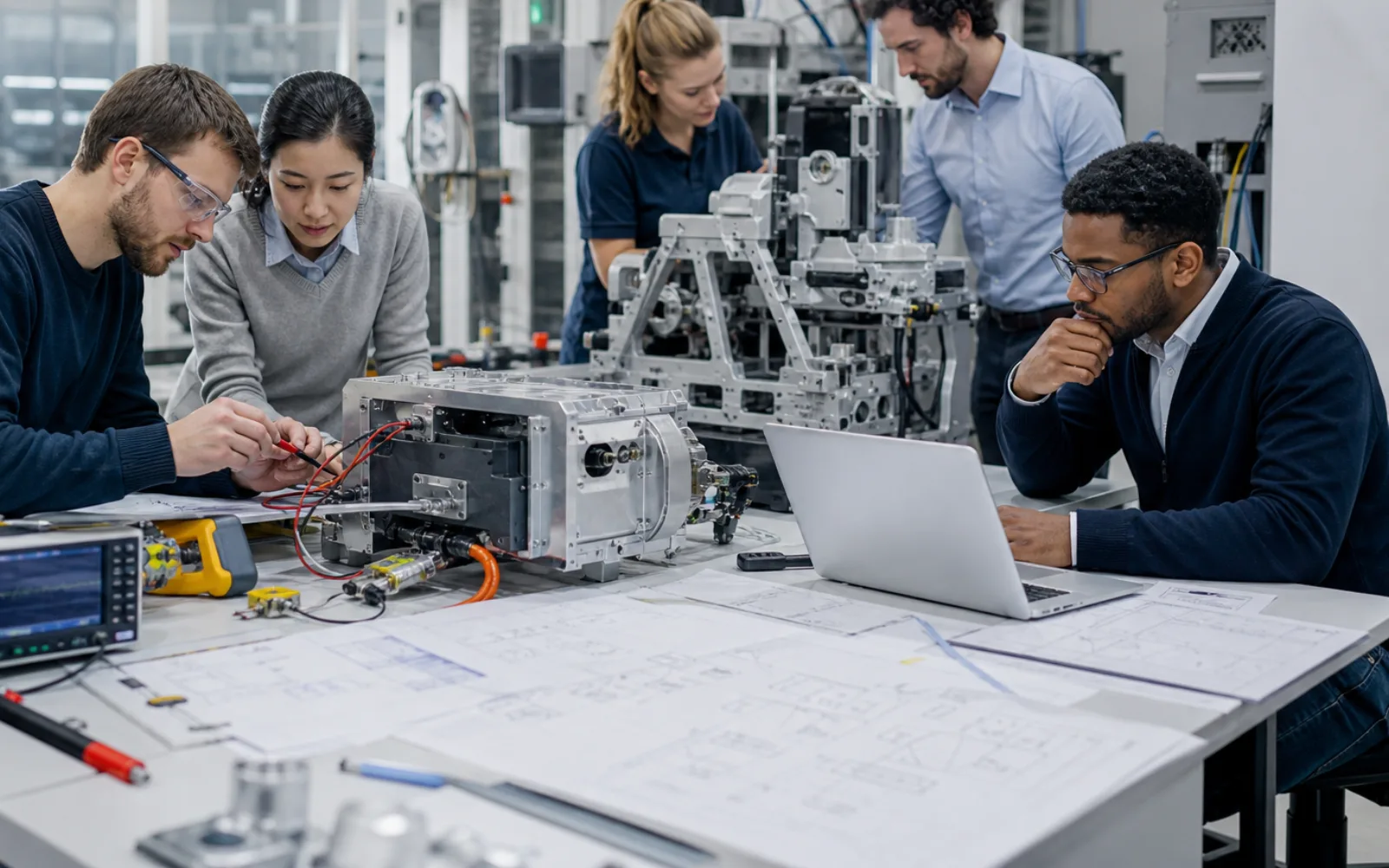 French engineering team mentoring a new technical employee beside test equipment