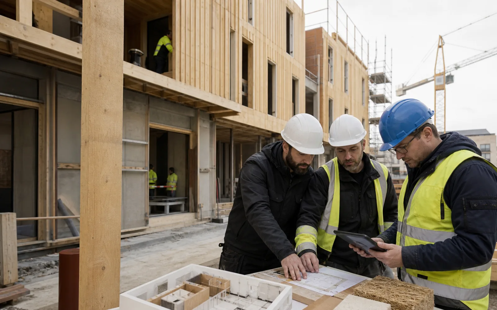 French construction team reviewing completed project photographs, drawings and performance evidence