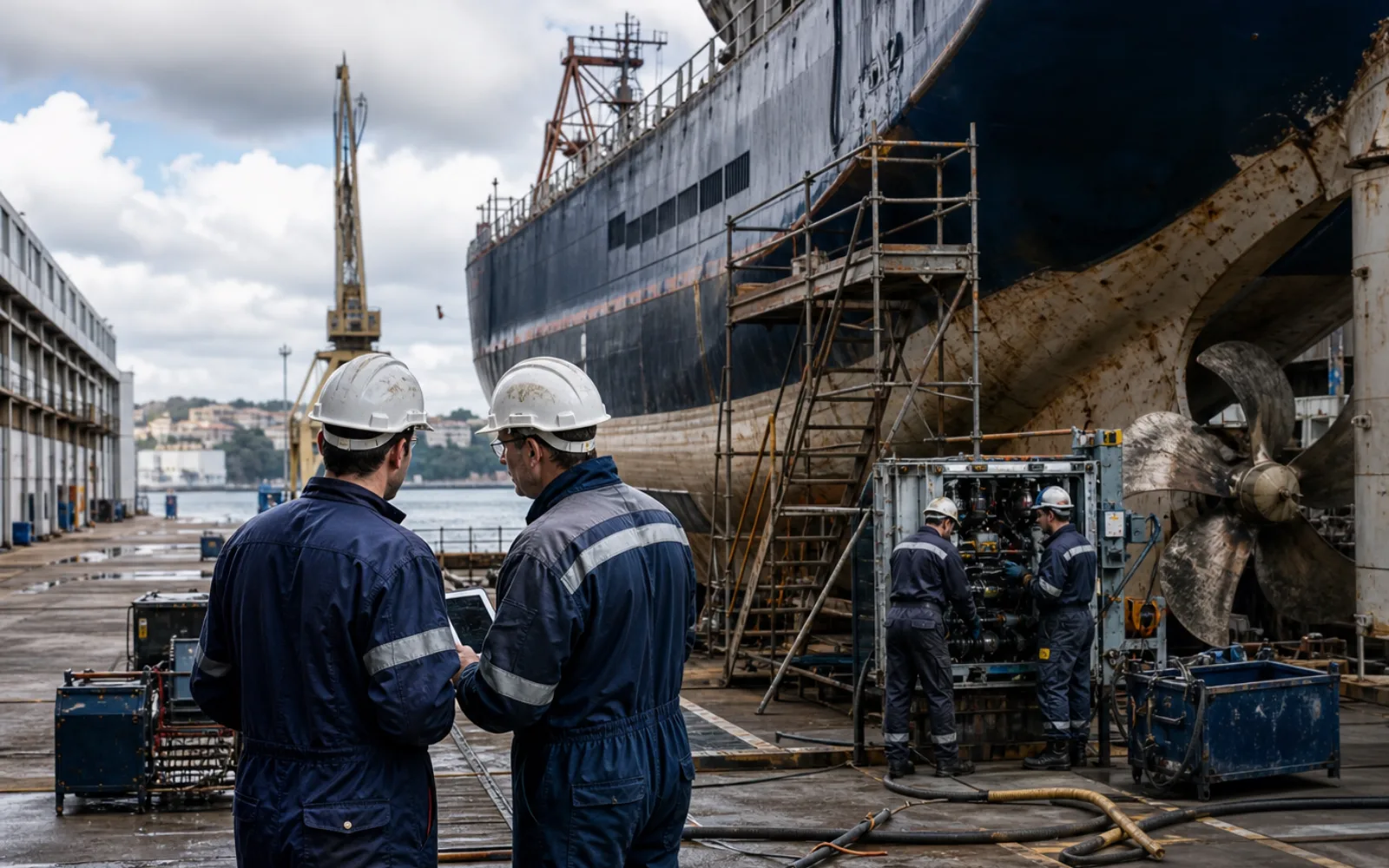 French shipyard repair team inspecting a vessel hull and planning dock work