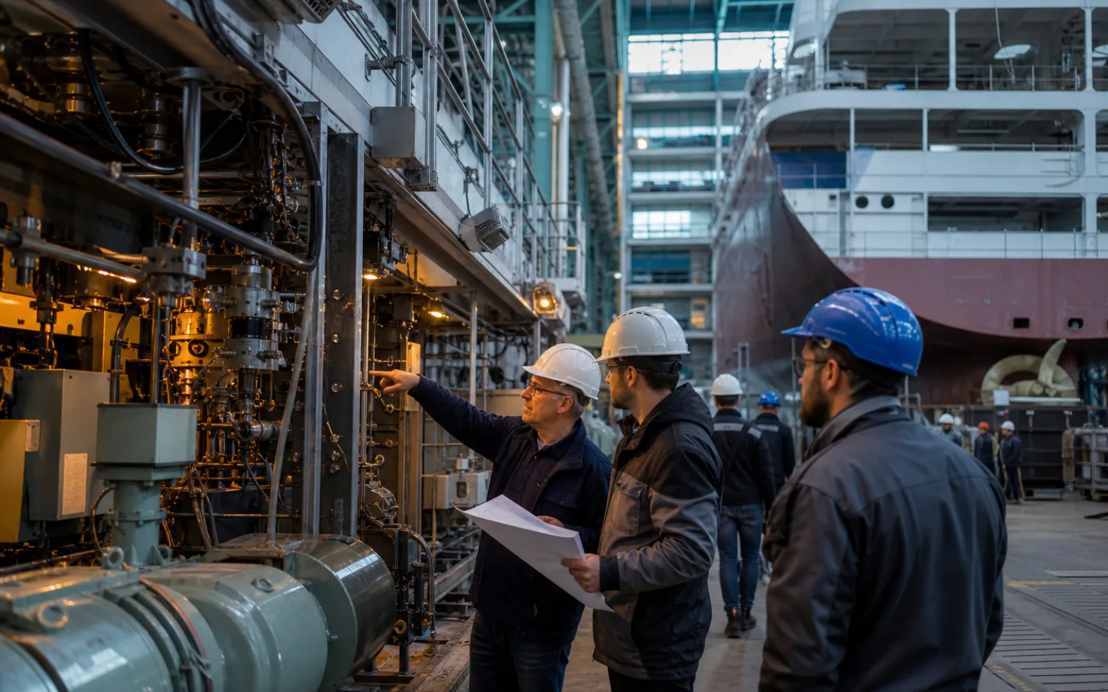 German marine engineers examining energy equipment and vessel performance data