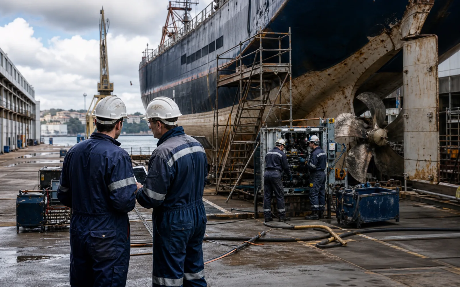 French marine supplier team reviewing vessel energy systems and FuelEU requirements