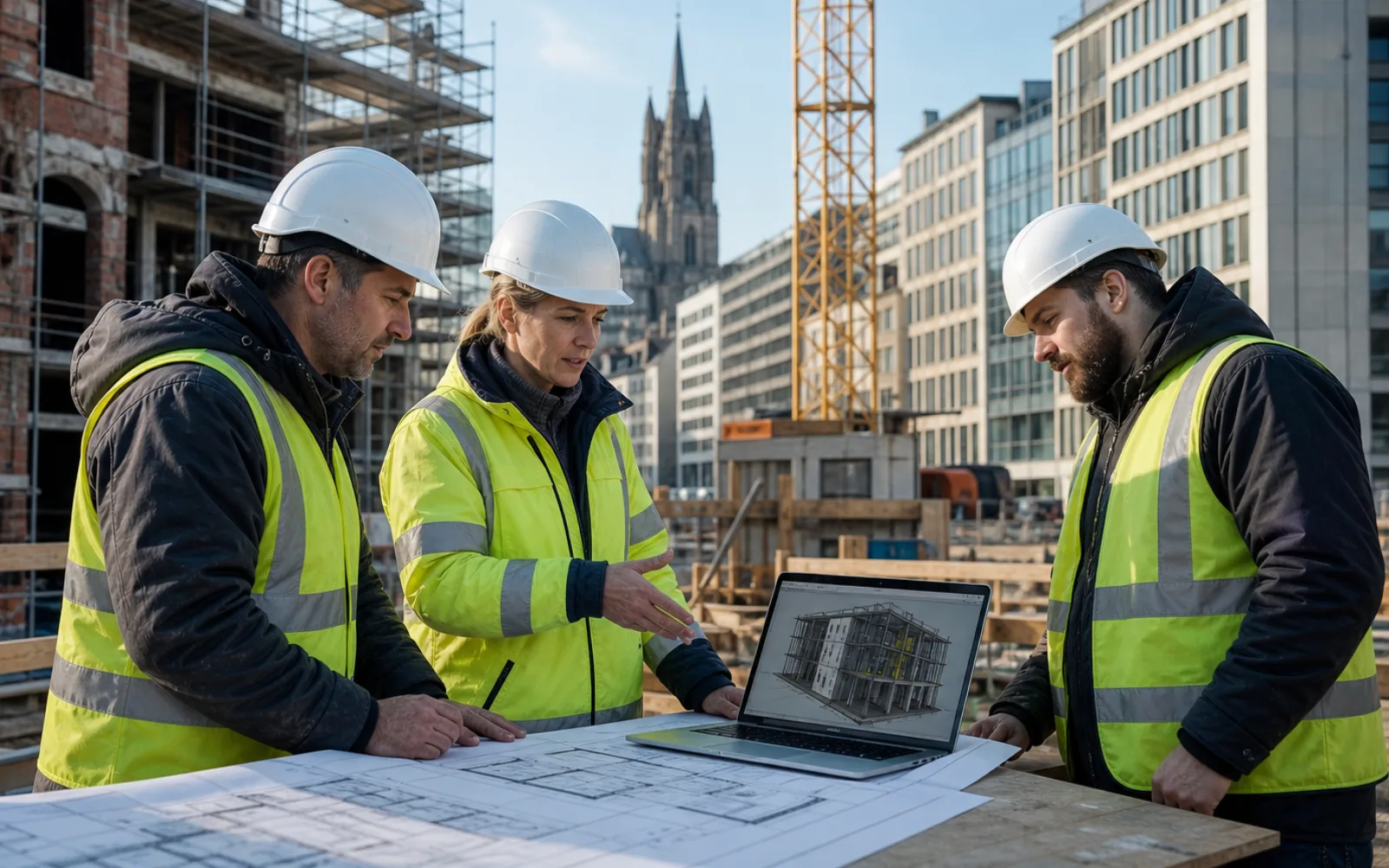 International project team reviewing a German construction firm's plans and capability online