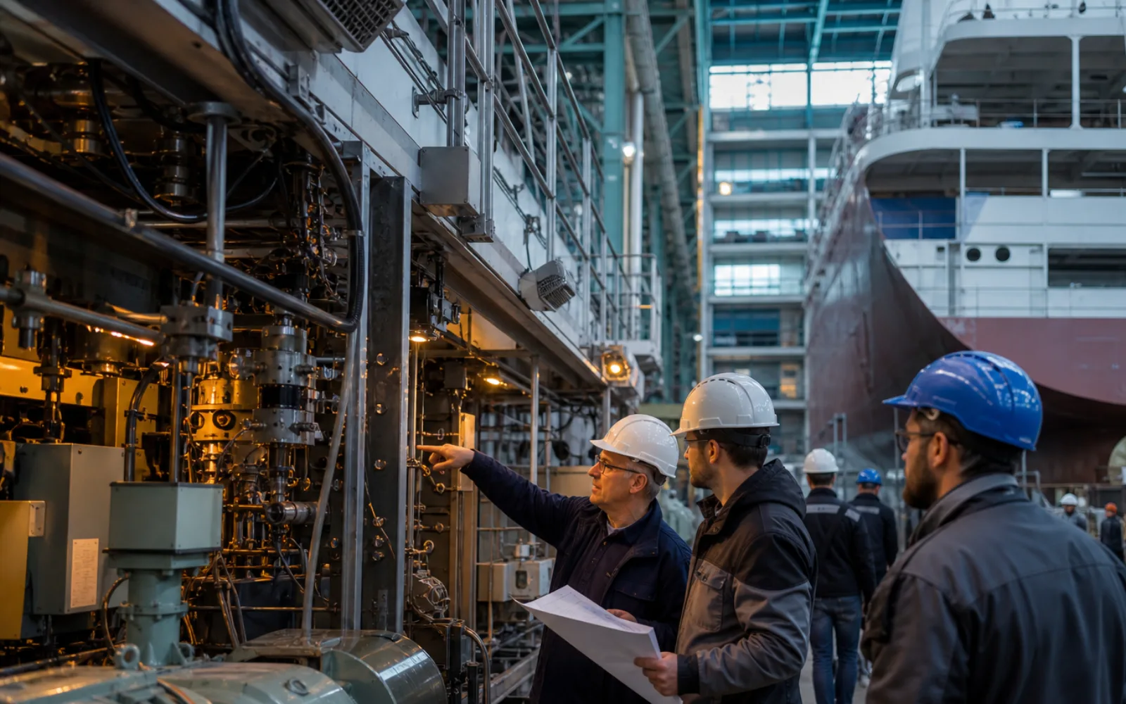 German shipbuilding supplier team inspecting marine components inside a fabrication hall