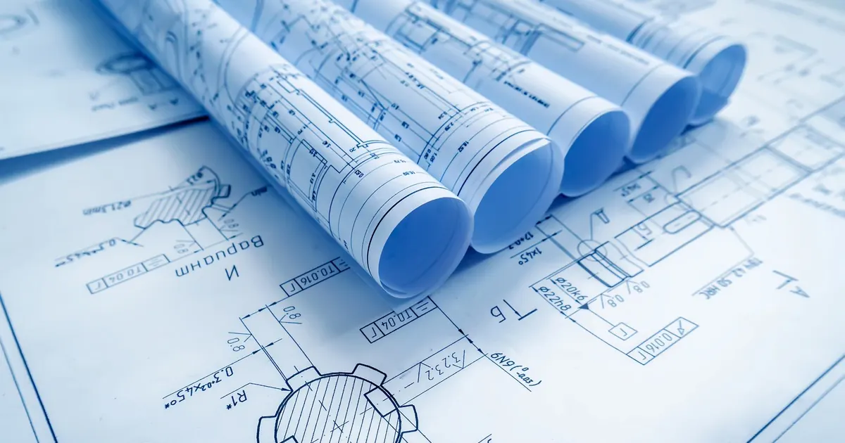 Rolled and flat engineering drawings covered in dimensions and tolerance callouts, tinted blue