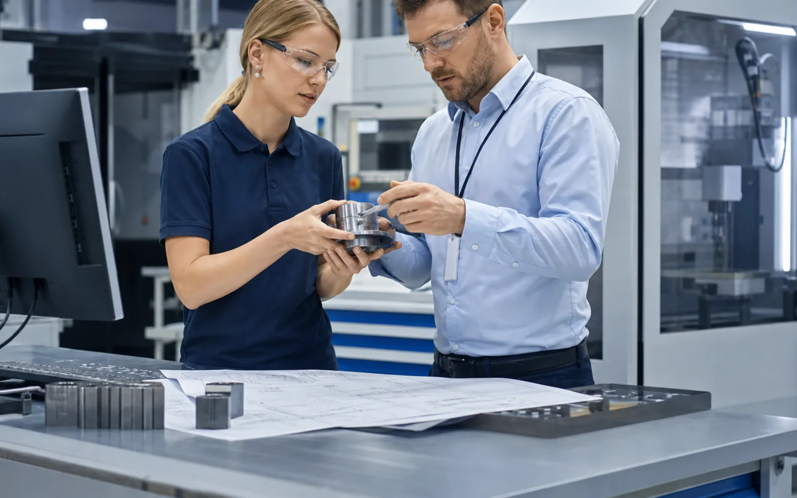 German production engineers reviewing connected manufacturing data on a factory floor